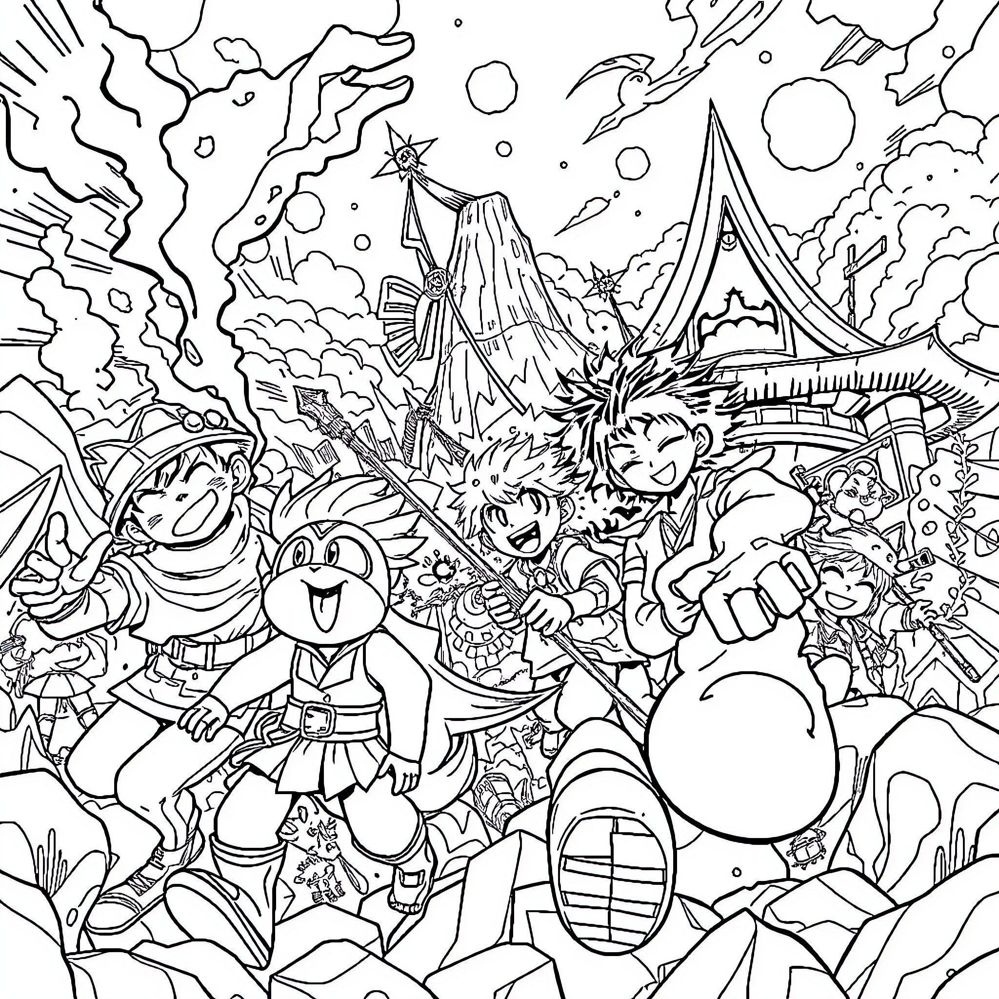 Fuse of Joyful Characters in Fantastical Landscape Coloring Page (free black-and-white line drawing printable PDF for all, from beginners to advanced learners, including children, teens, adults, and seniors)