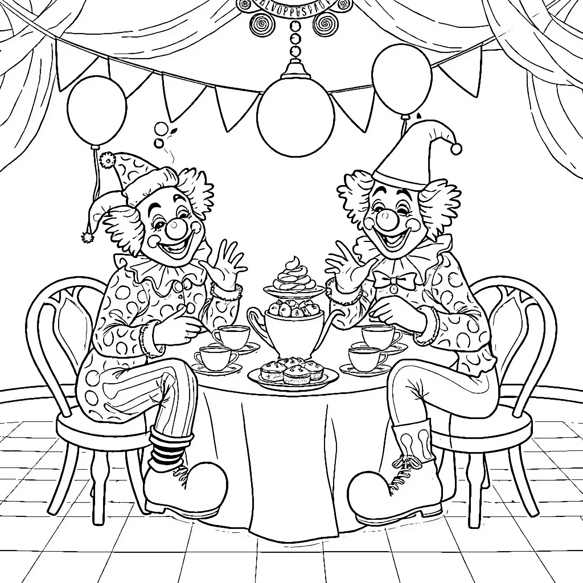Clown Party with Festive Decorations Coloring Page (free black-and-white line drawing printable PDF for all, from beginners to advanced learners, including children, teens, adults, and seniors)