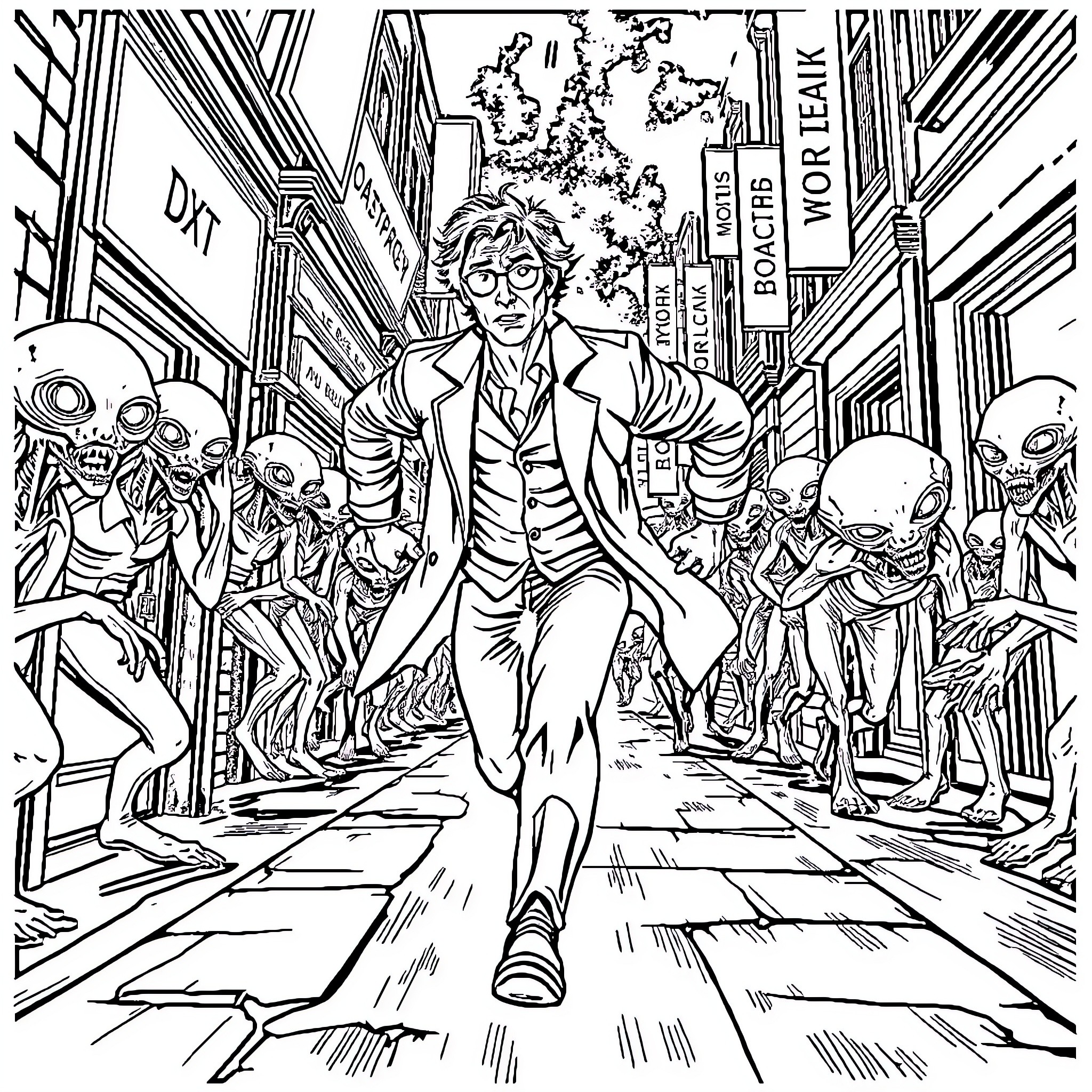 Doctor Battles Alien Invasion in City Street Coloring Page (free black-and-white line drawing printable PDF for all, from beginners to advanced learners, including children, teens, adults, and seniors)