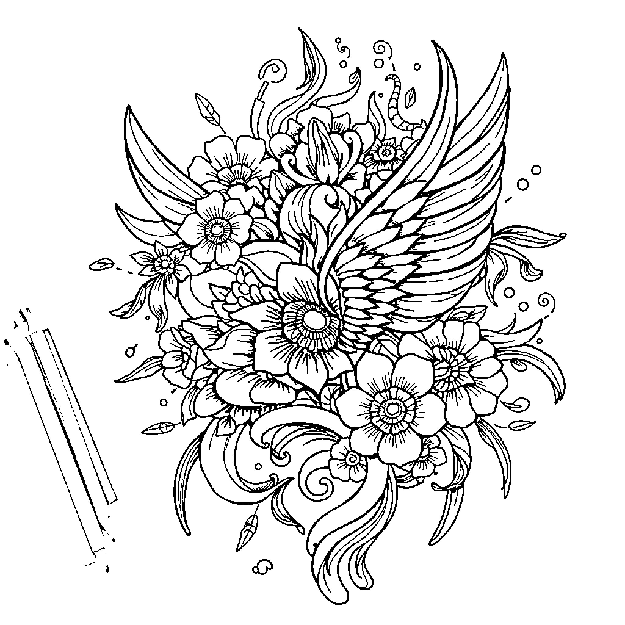 Tattoo of a Floral Bouquet with Abstract Elements Coloring Page (free black-and-white line drawing printable PDF for all, from beginners to advanced learners, including children, teens, adults, and seniors)
