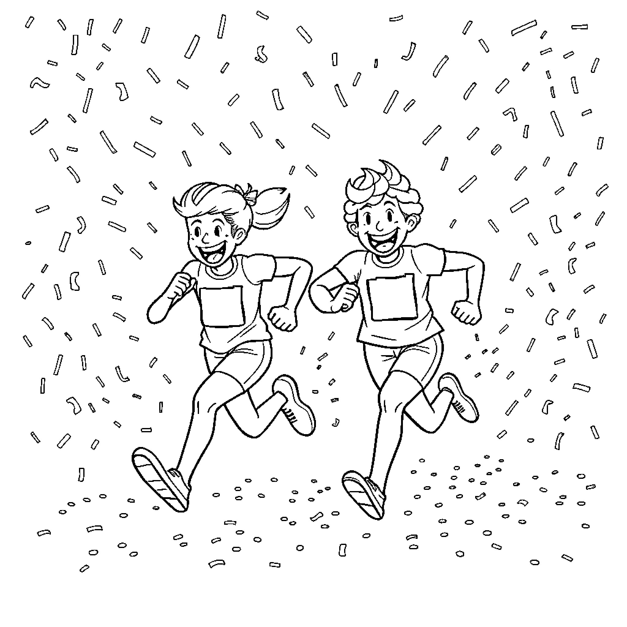Runners competing in a race with joy Coloring Page (free black-and-white line drawing printable PDF for all, from beginners to advanced learners, including children, teens, adults, and seniors)