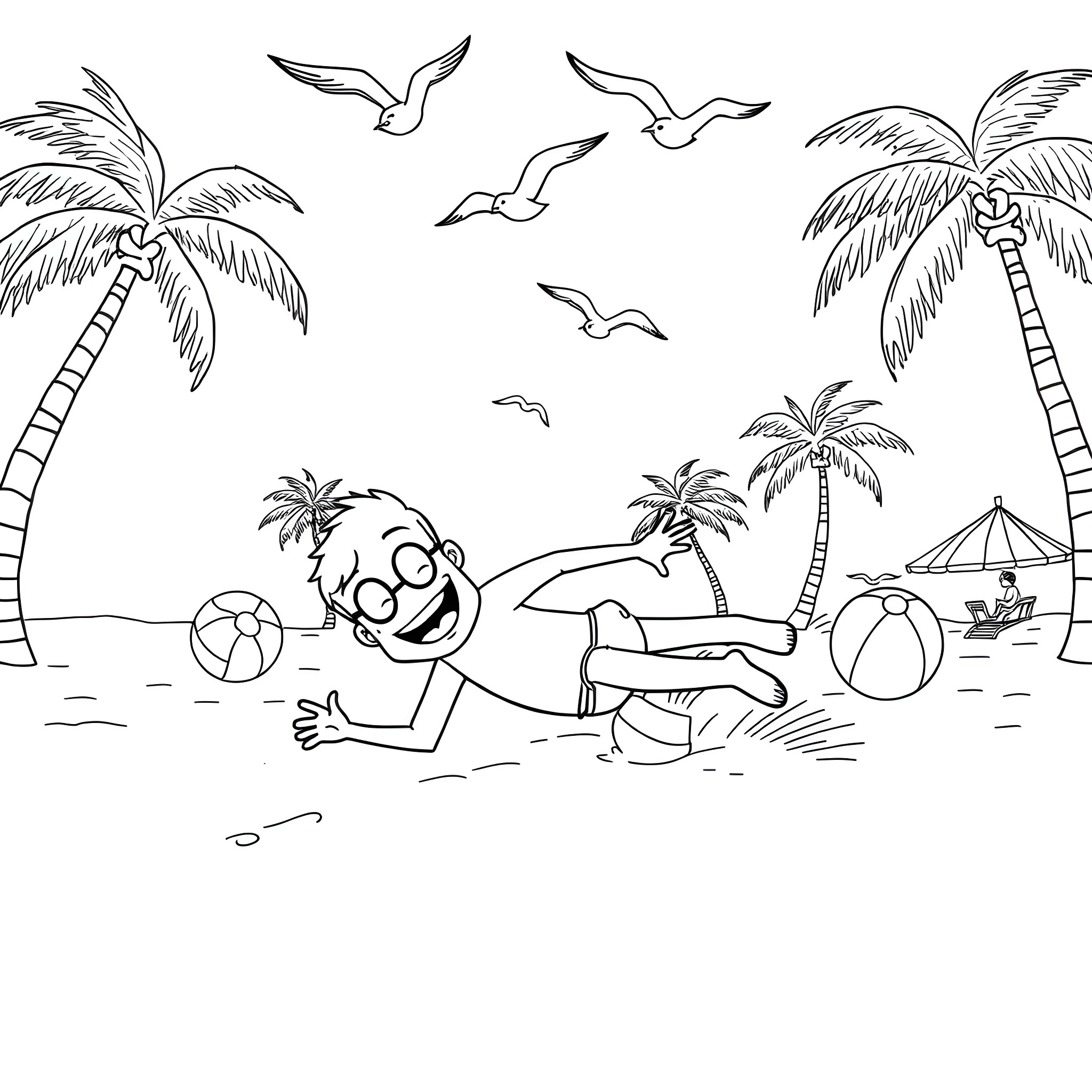 Mr. Stumble Guy enjoys a day at the beach Coloring Page (free black-and-white line drawing printable PDF for all, from beginners to advanced learners, including children, teens, adults, and seniors)