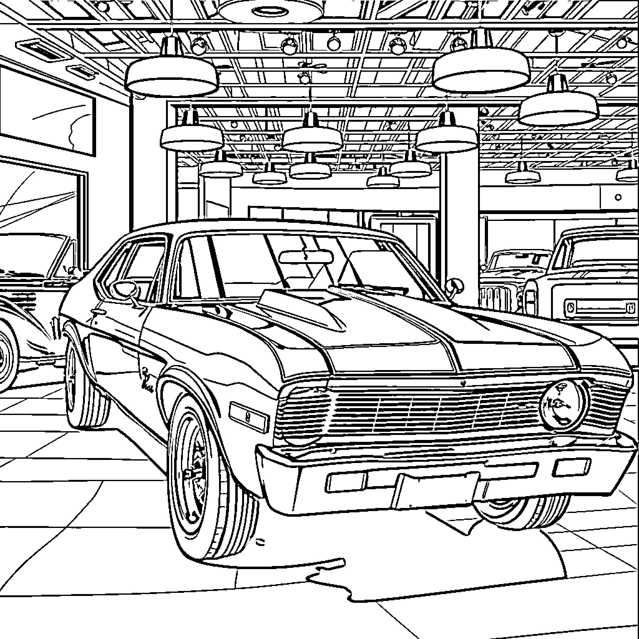 Chevy Nova in an auto repair shop Coloring Page (free black-and-white line drawing printable PDF for all, from beginners to advanced learners, including children, teens, adults, and seniors)