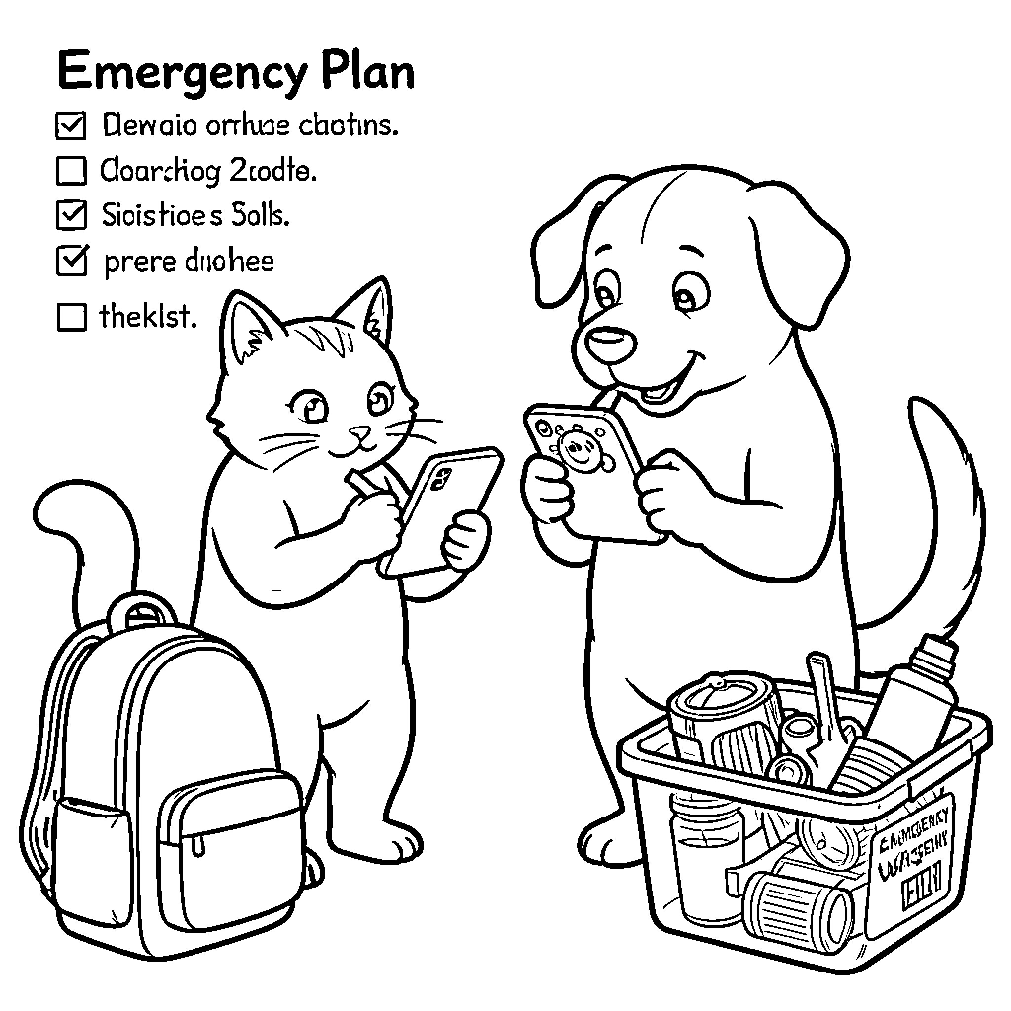 Cat and Dog's Emergency Preparedness Coloring Page (free black-and-white line drawing printable PDF for all, from beginners to advanced learners, including children, teens, adults, and seniors)