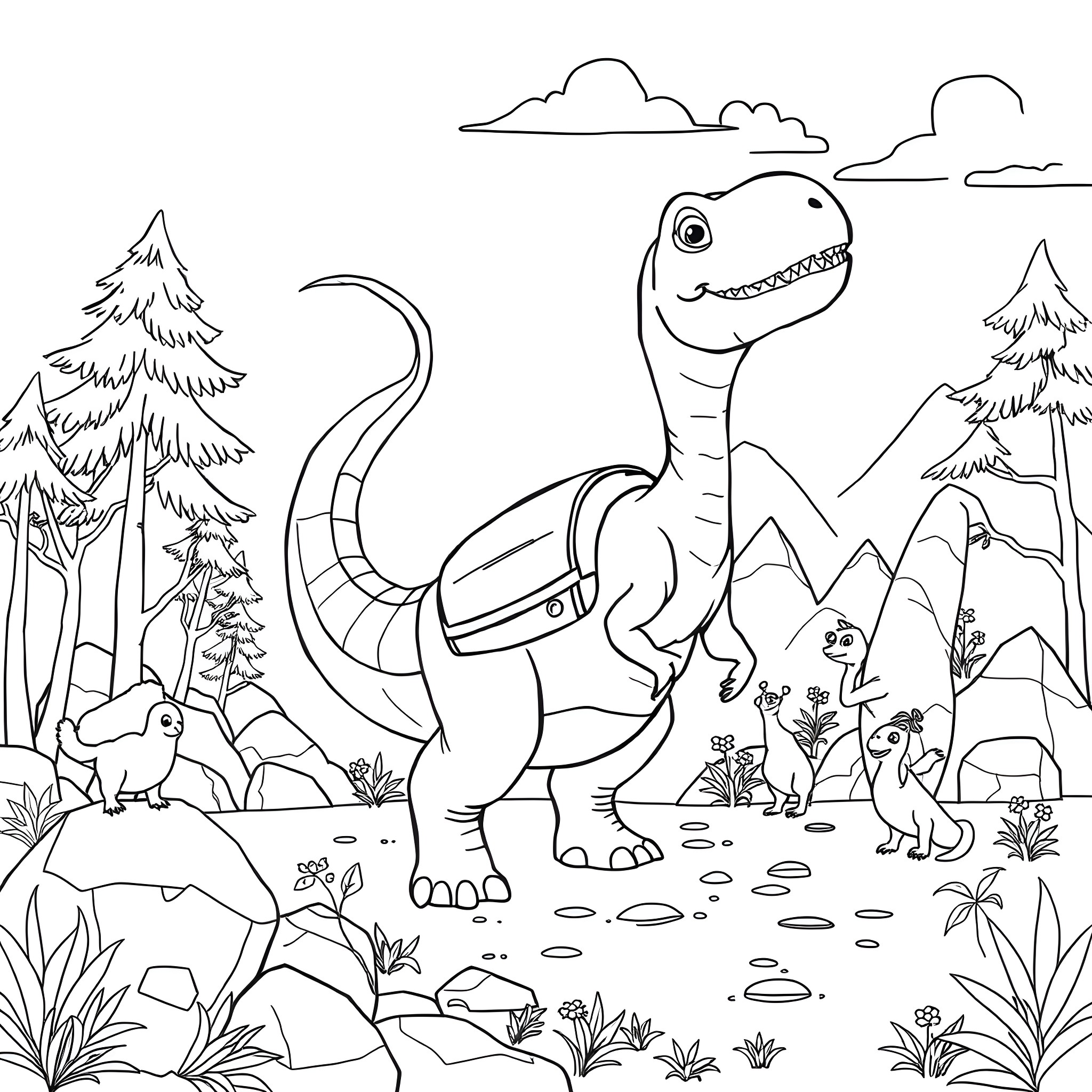 Dinosaur enjoying a peaceful day in nature Coloring Page (free black-and-white line drawing printable PDF for all, from beginners to advanced learners, including children, teens, adults, and seniors)