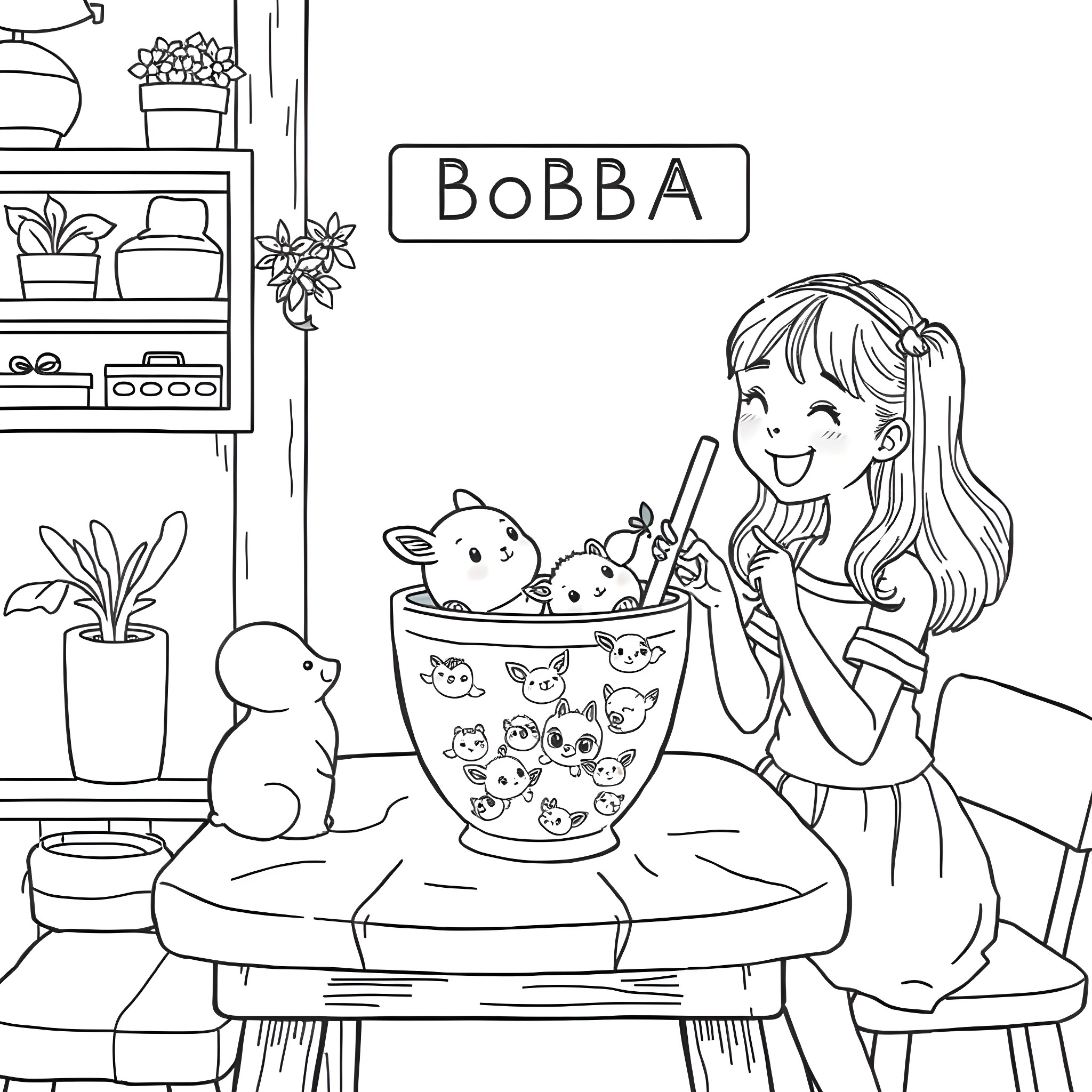 Animal enjoying cozy home with cute pets Coloring Page (free black-and-white line drawing printable PDF for all, from beginners to advanced learners, including children, teens, adults, and seniors)