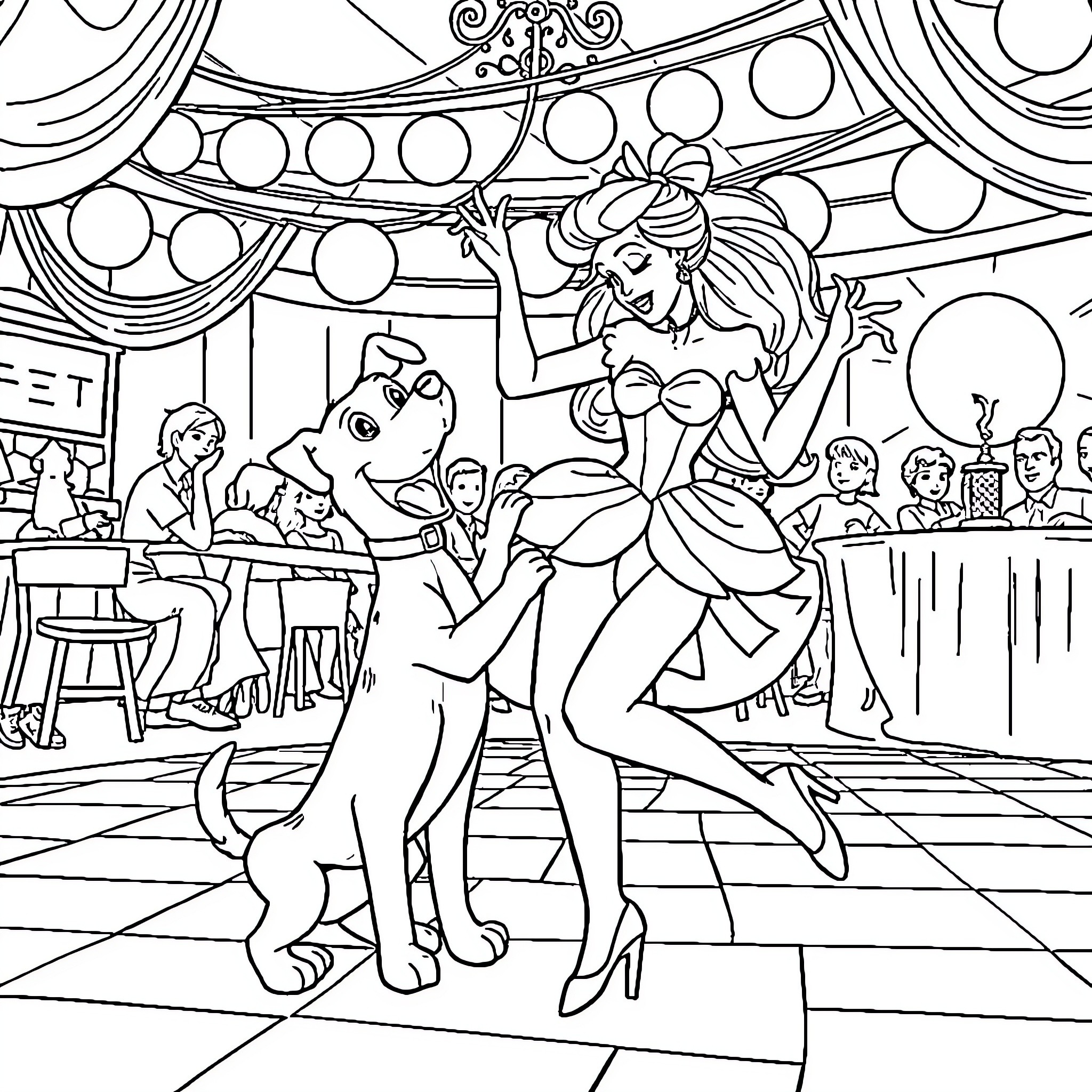 Cinderella's enchanting dance with her feline companion Coloring Page (free black-and-white line drawing printable PDF for all, from beginners to advanced learners, including children, teens, adults, and seniors)