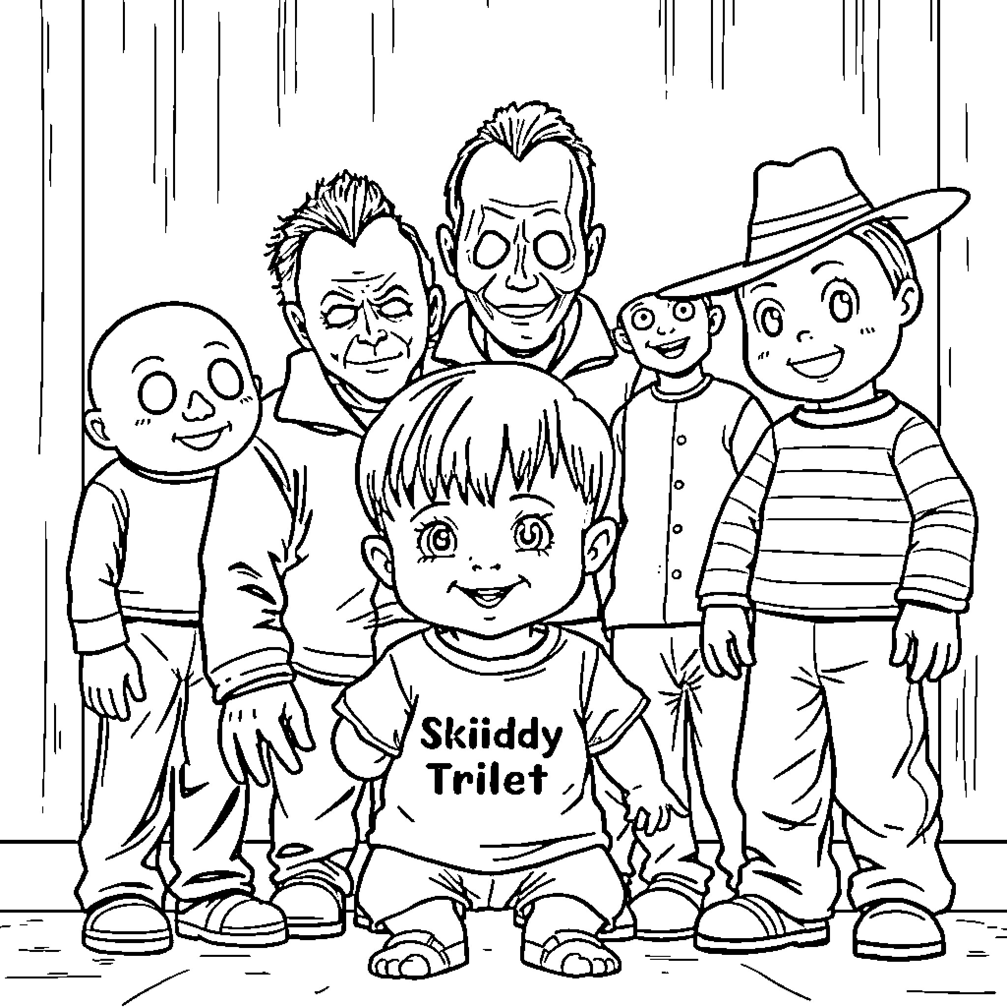 Michael Myers and the Skiddy Trilet characters in a group scene Coloring Page (free black-and-white line drawing printable PDF for all, from beginners to advanced learners, including children, teens, adults, and seniors)