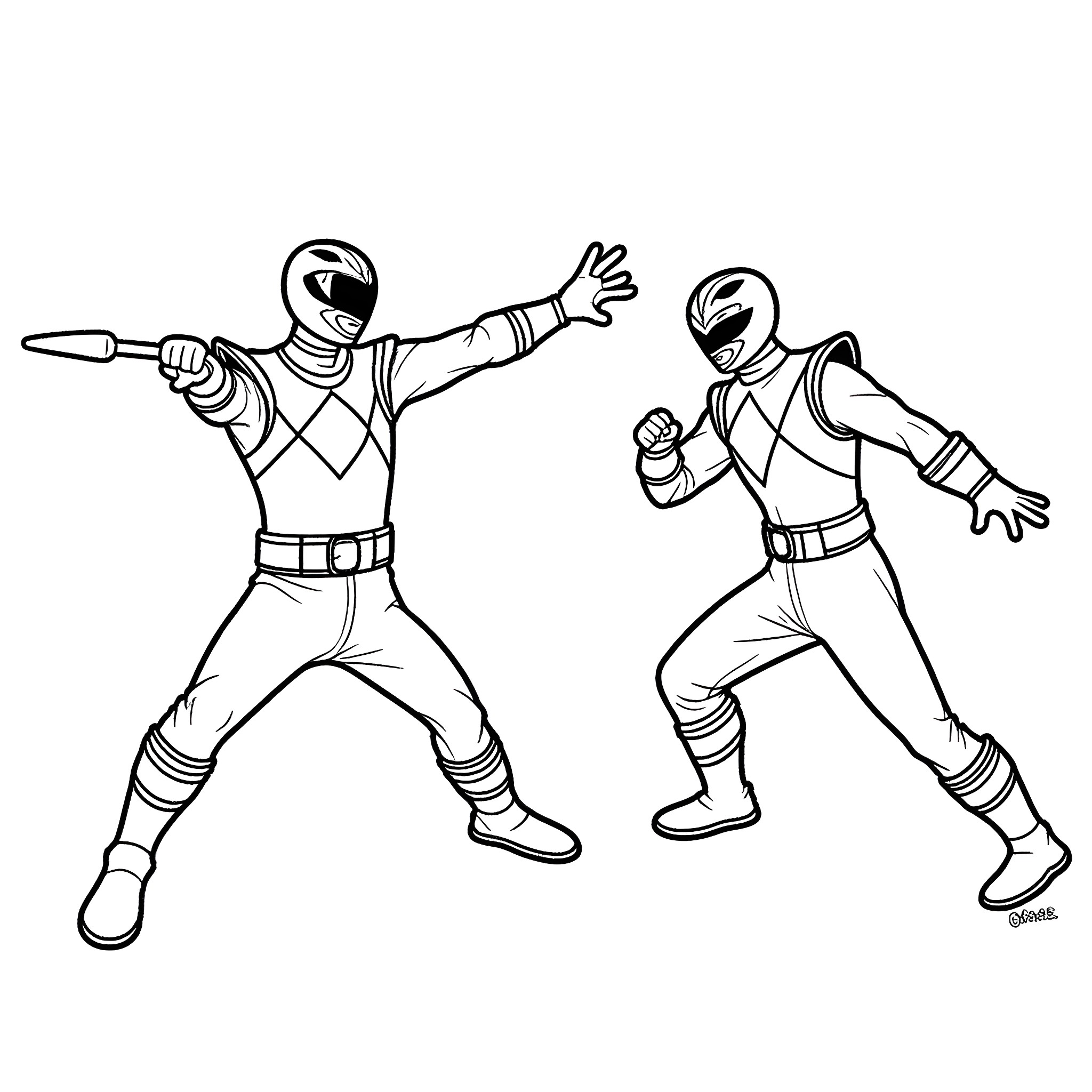 Power Rangers in Action Poses Coloring Page (free black-and-white line drawing printable PDF for all, from beginners to advanced learners, including children, teens, adults, and seniors)