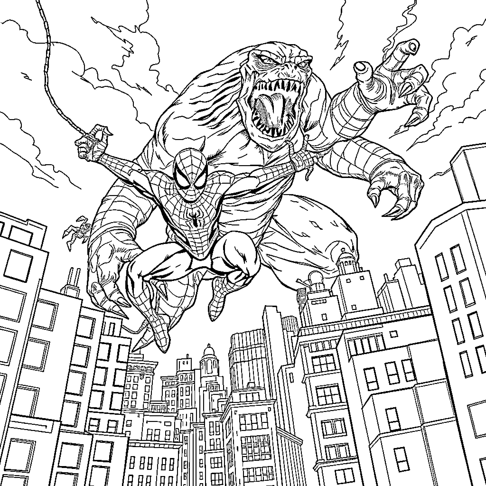 Spiderman heroically battles a monstrous foe in the city Coloring Page (free black-and-white line drawing printable PDF for all, from beginners to advanced learners, including children, teens, adults, and seniors)