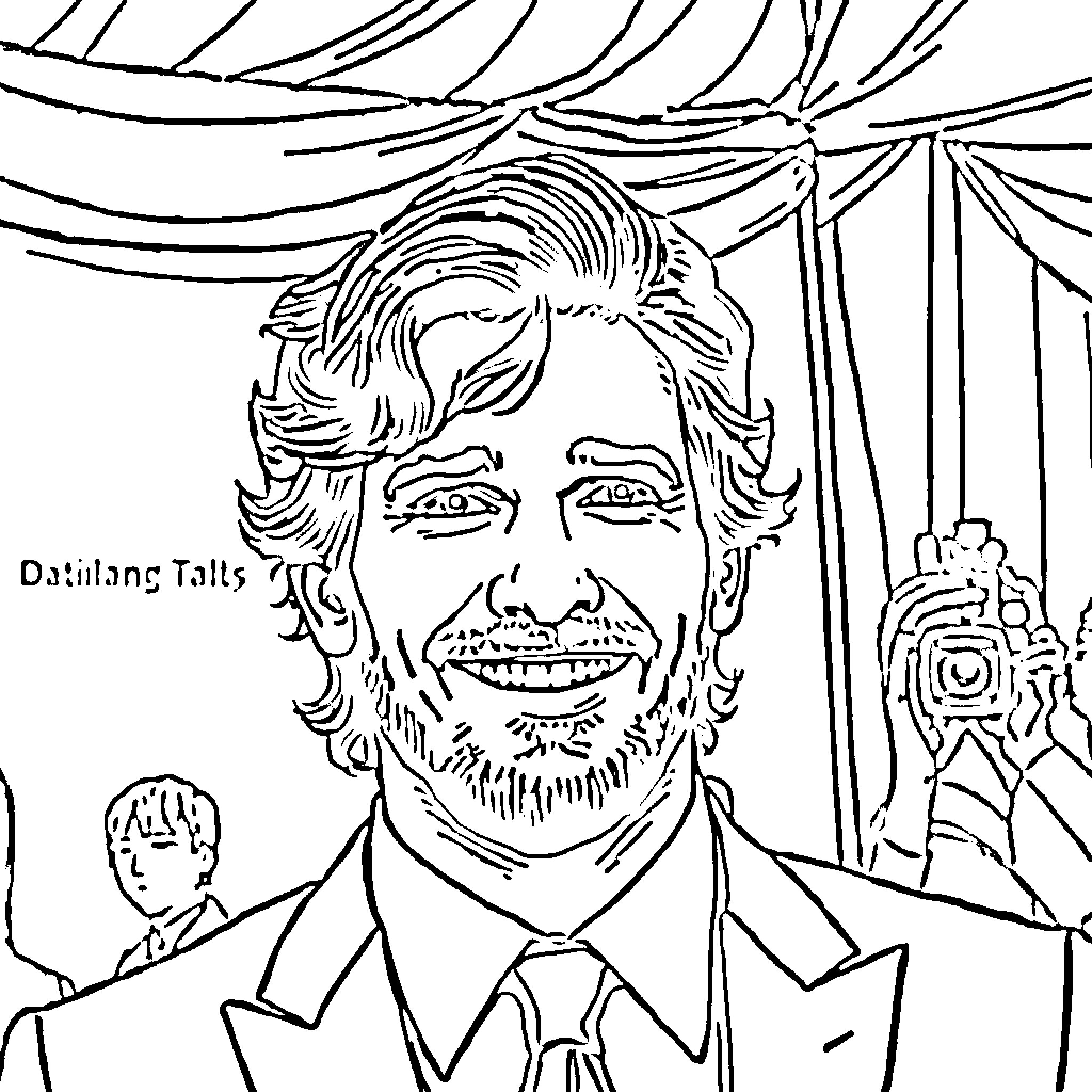 Pedro Pascal in formal attire with a warm smile Coloring Page (free black-and-white line drawing printable PDF for all, from beginners to advanced learners, including children, teens, adults, and seniors)