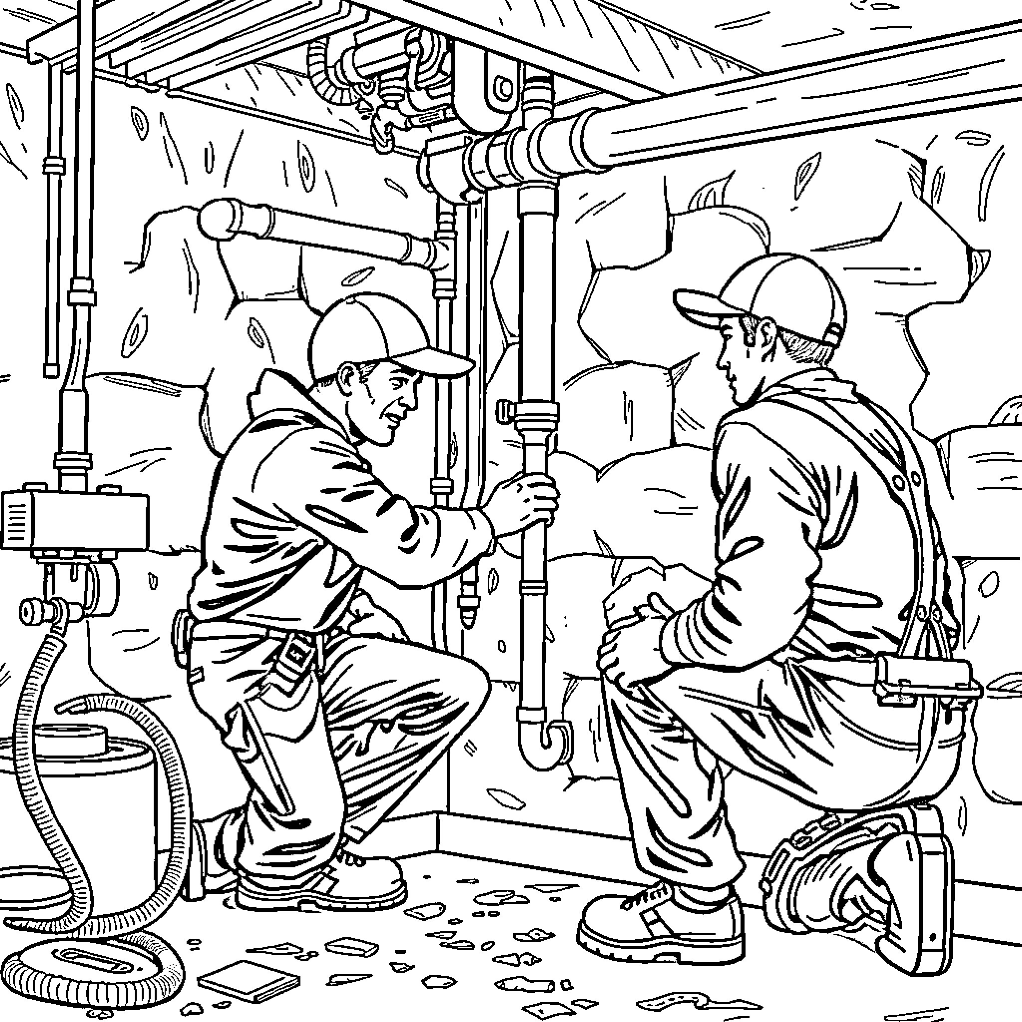 Plumber fixing pipe in tight space Coloring Page (free black-and-white line drawing printable PDF for all, from beginners to advanced learners, including children, teens, adults, and seniors)