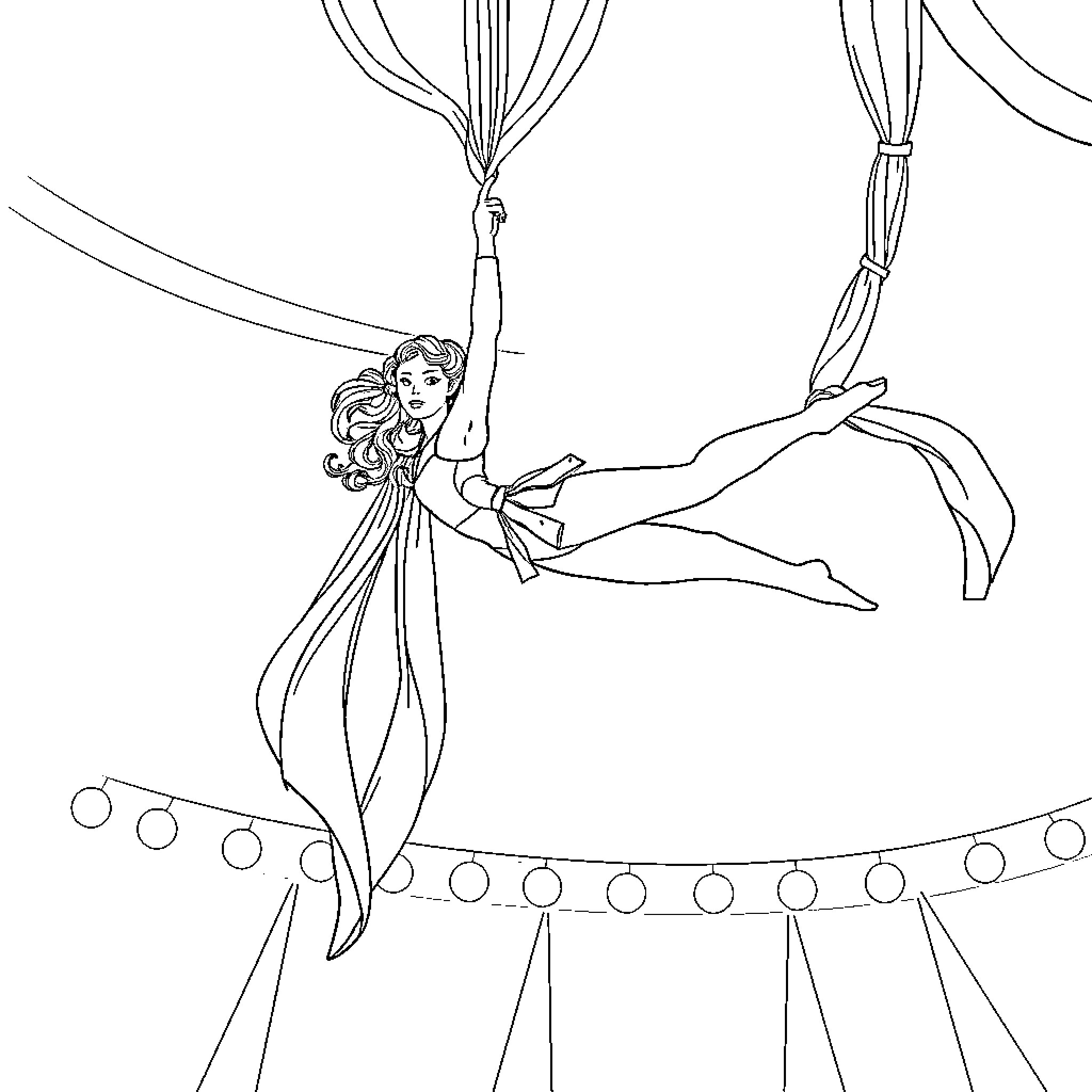 Aerialist performing graceful aerial routine Coloring Page (free black-and-white line drawing printable PDF for all, from beginners to advanced learners, including children, teens, adults, and seniors)