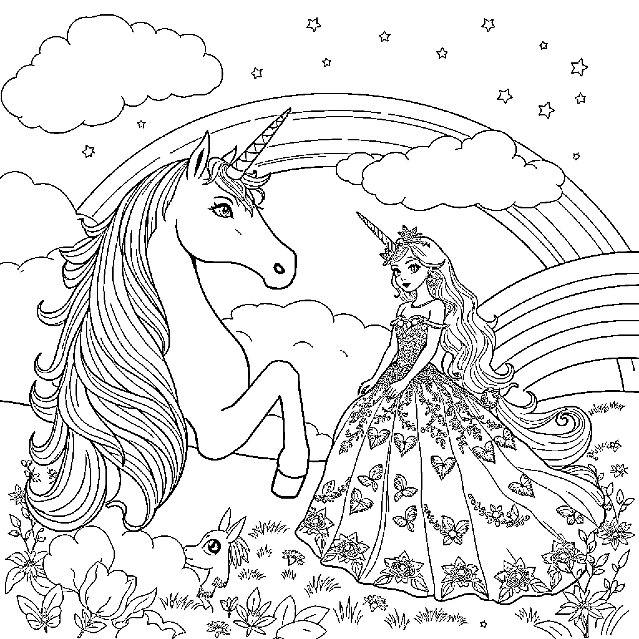 Unicorn and Princess Amid Vibrant Floral Landscape Coloring Page (free black-and-white line drawing printable PDF for all, from beginners to advanced learners, including children, teens, adults, and seniors)
