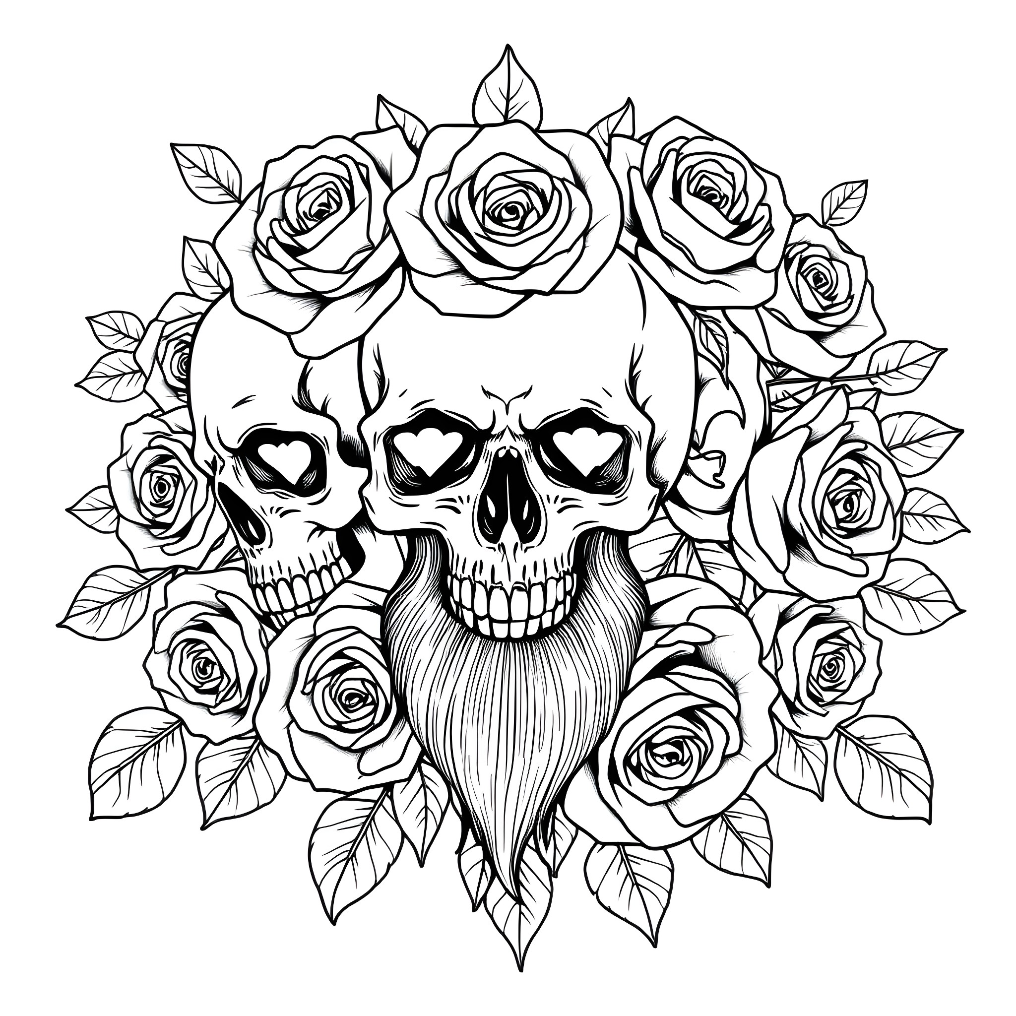 Skull surrounded by intricate floral designs Coloring Page (free black-and-white line drawing printable PDF for all, from beginners to advanced learners, including children, teens, adults, and seniors)