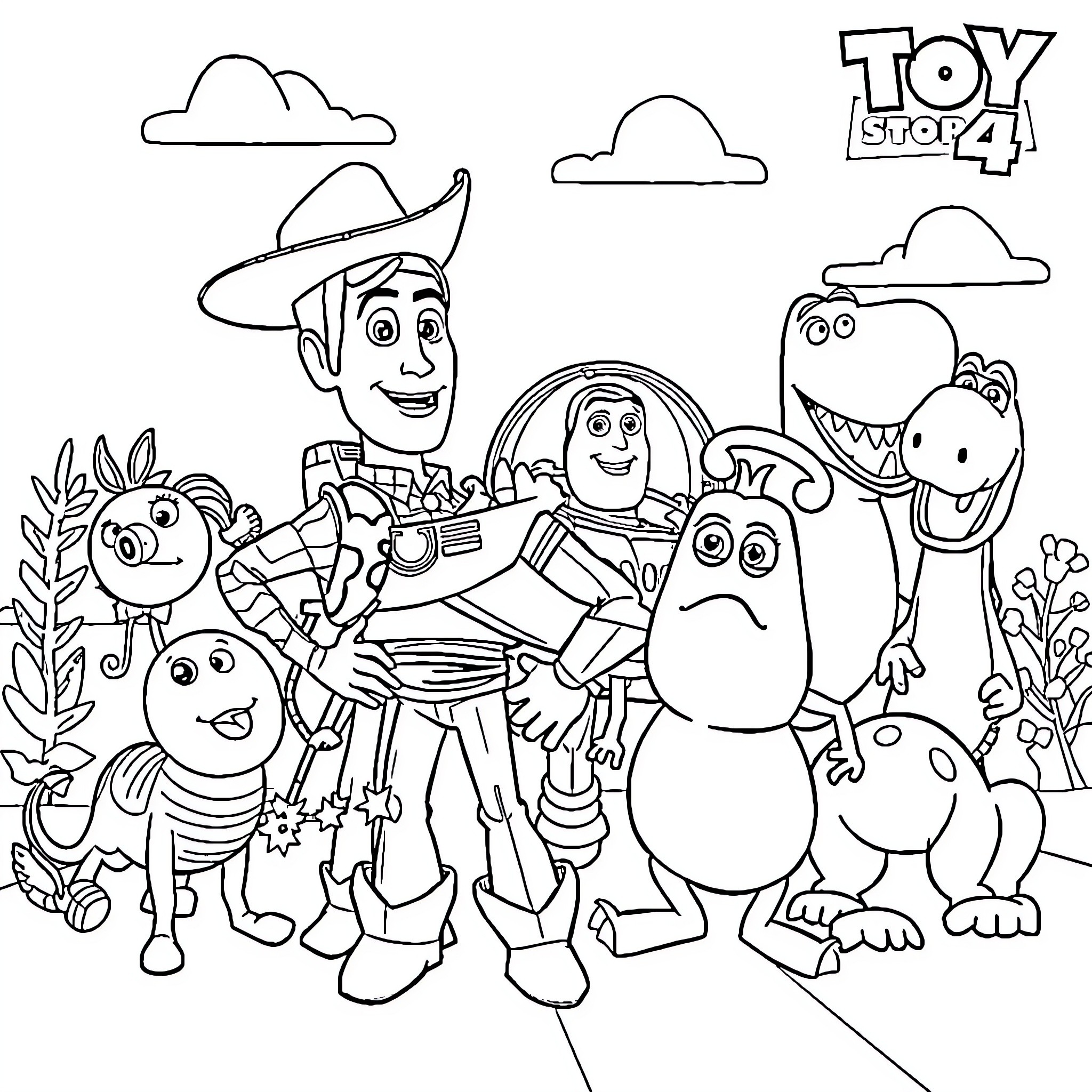 Toy Story 4 characters in a playful outdoor scene Coloring Page (free black-and-white line drawing printable PDF for all, from beginners to advanced learners, including children, teens, adults, and seniors)