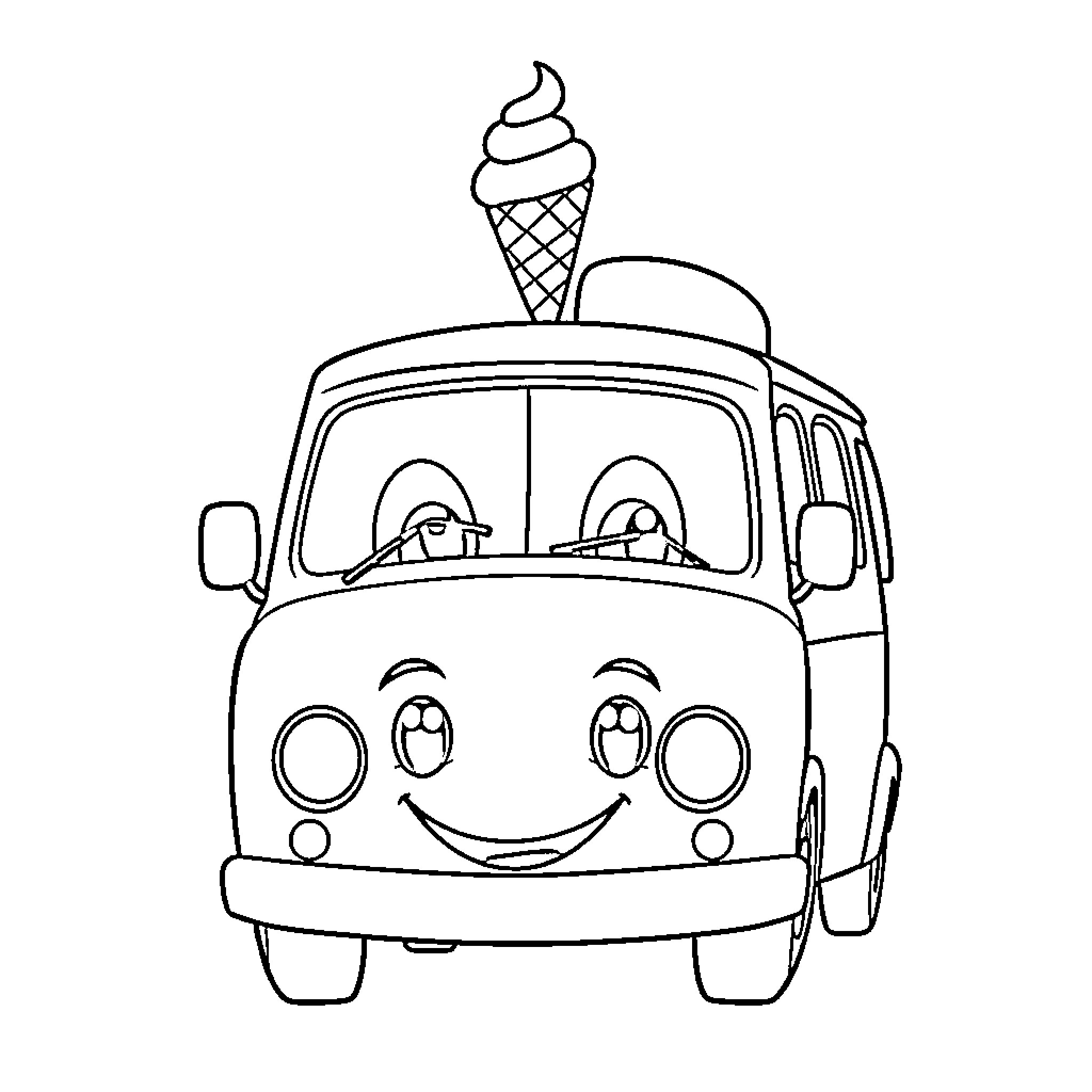 Ice Cream Van Selling Treats with Happy Expression Coloring Page (free black-and-white line drawing printable PDF for all, from beginners to advanced learners, including children, teens, adults, and seniors)
