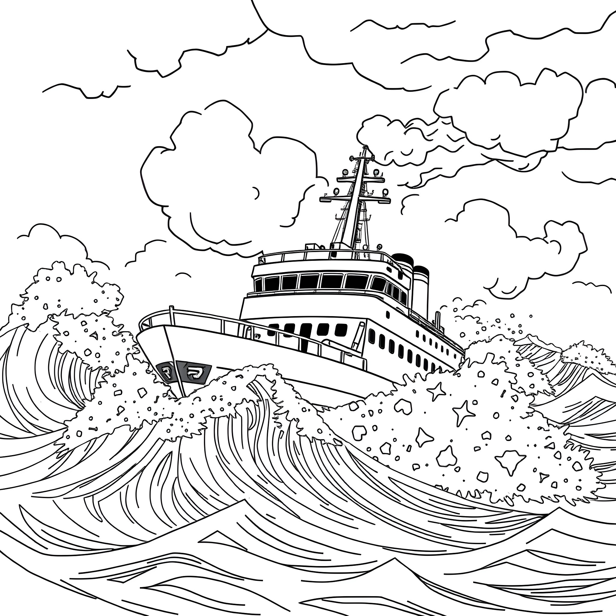 Ship battling stormy waves at sea Coloring Page (free black-and-white line drawing printable PDF for all, from beginners to advanced learners, including children, teens, adults, and seniors)