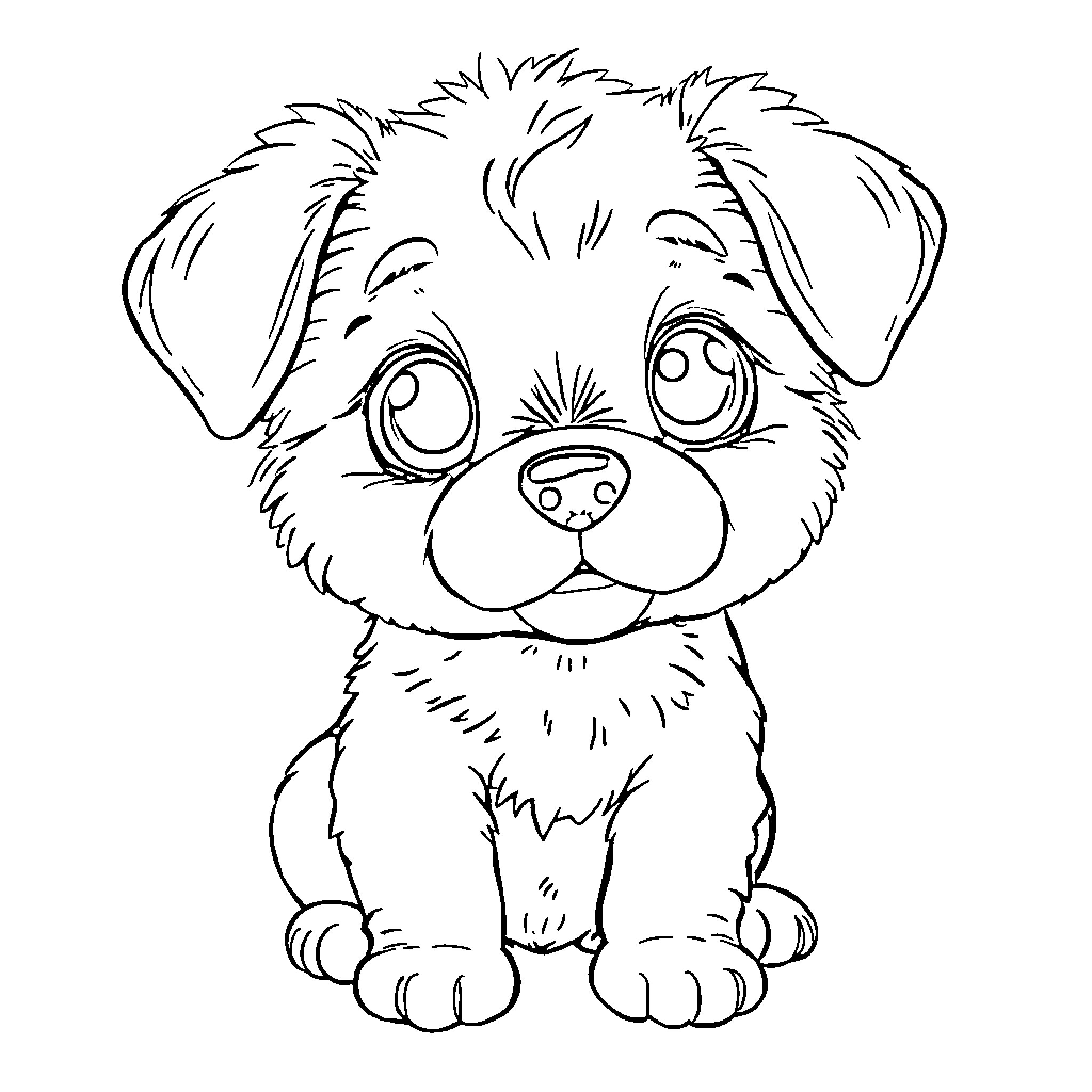 Puppy with big eyes and playful expression Coloring Page (free black-and-white line drawing printable PDF for all, from beginners to advanced learners, including children, teens, adults, and seniors)