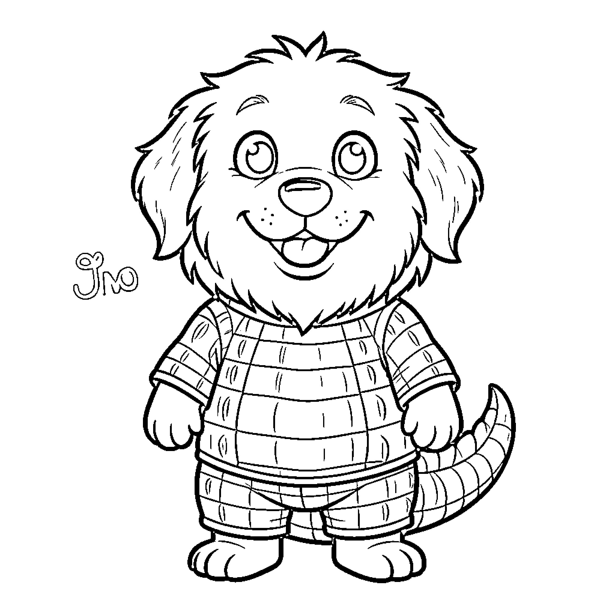 Perro happily wearing a checkered outfit Coloring Page (free black-and-white line drawing printable PDF for all, from beginners to advanced learners, including children, teens, adults, and seniors)