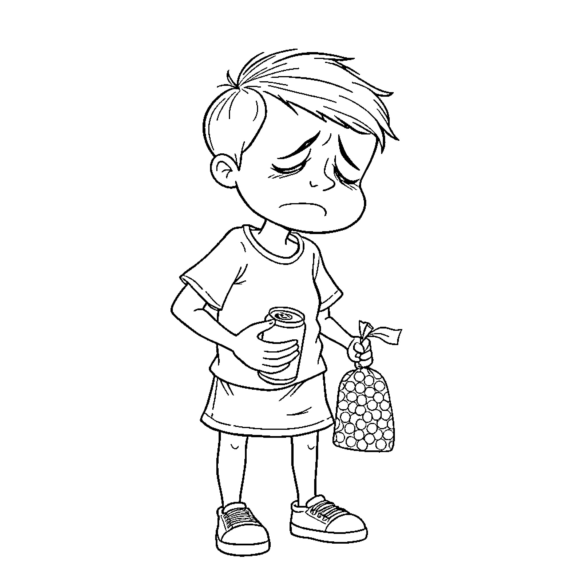Niño upset with a bag of snacks Coloring Page (free black-and-white line drawing printable PDF for all, from beginners to advanced learners, including children, teens, adults, and seniors)