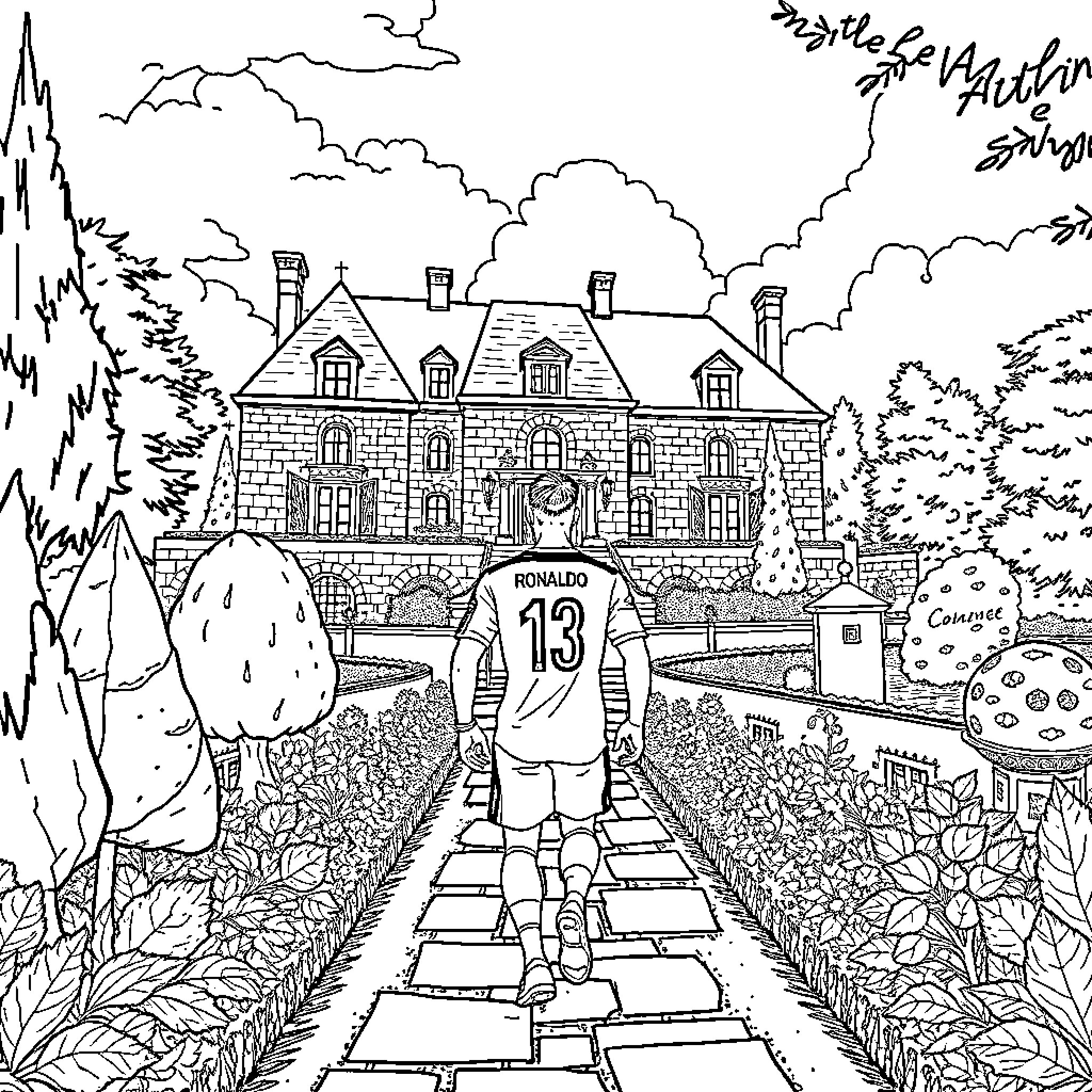 Ronaldo walking towards a manor in nature Coloring Page (free black-and-white line drawing printable PDF for all, from beginners to advanced learners, including children, teens, adults, and seniors)