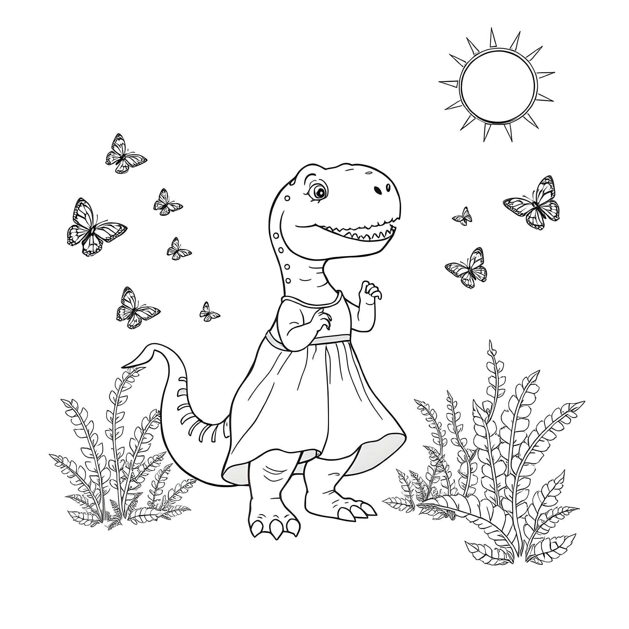 T-Rex in a Whimsical Botanical Garden Coloring Page (free black-and-white line drawing printable PDF for all, from beginners to advanced learners, including children, teens, adults, and seniors)