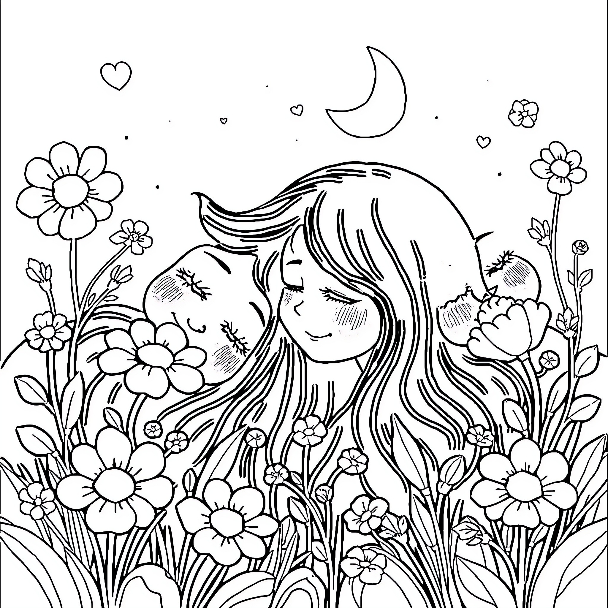 Mood of Whimsical Daydreaming in a Floral Dreamscape Coloring Page (free black-and-white line drawing printable PDF for all, from beginners to advanced learners, including children, teens, adults, and seniors)