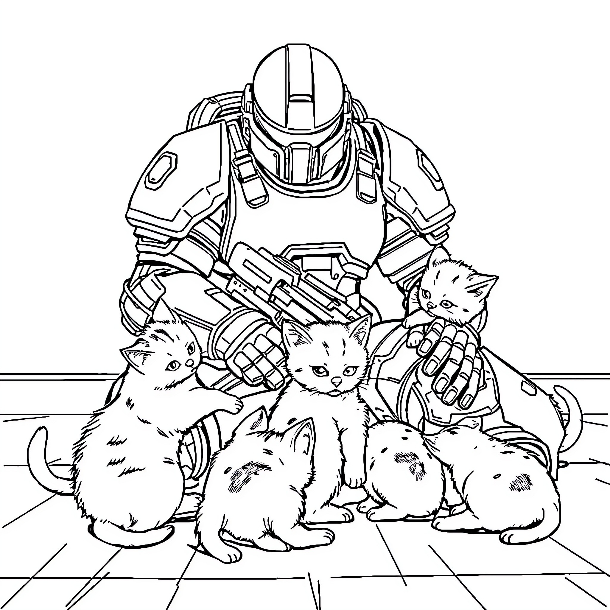 Space Marine with Adorable Kittens Coloring Page (free black-and-white line drawing printable PDF for all, from beginners to advanced learners, including children, teens, adults, and seniors)