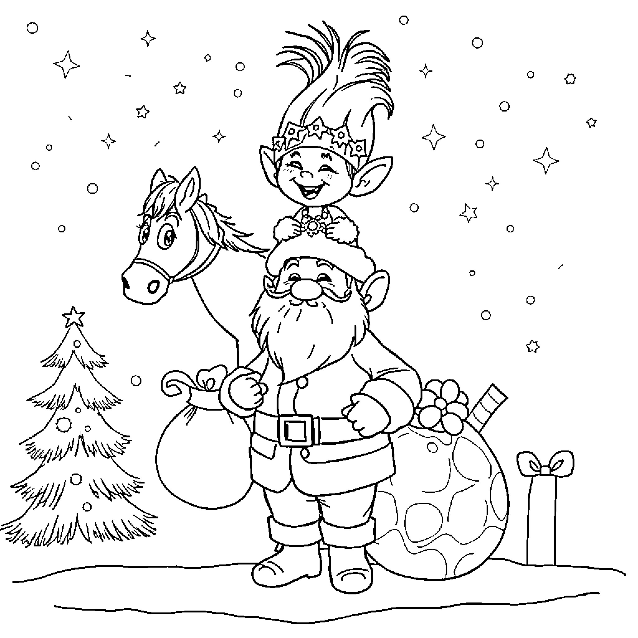 Poppy characters in a winter wonderland Coloring Page (free black-and-white line drawing printable PDF for all, from beginners to advanced learners, including children, teens, adults, and seniors)