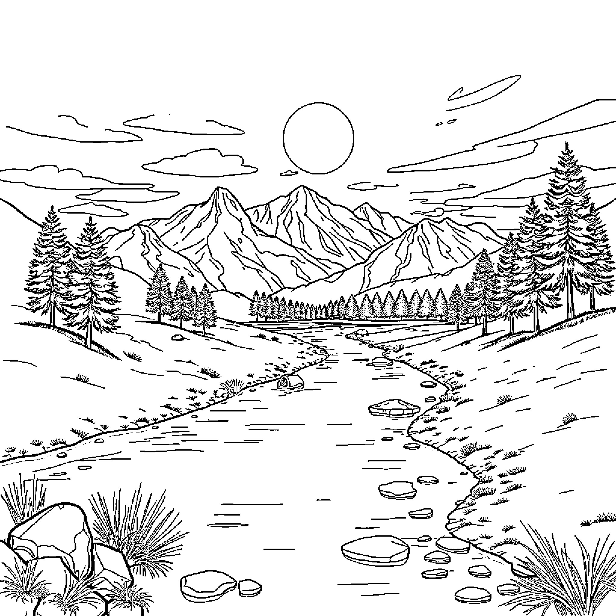 Zen Mountain Landscape with Flowing Stream Coloring Page (free black-and-white line drawing printable PDF for all, from beginners to advanced learners, including children, teens, adults, and seniors)