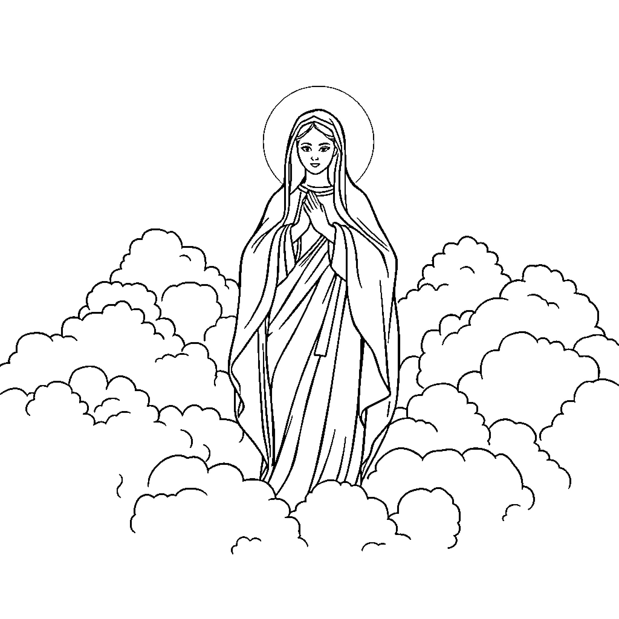 Mother Mary in Prayerful Contemplation Coloring Page (free black-and-white line drawing printable PDF for all, from beginners to advanced learners, including children, teens, adults, and seniors)
