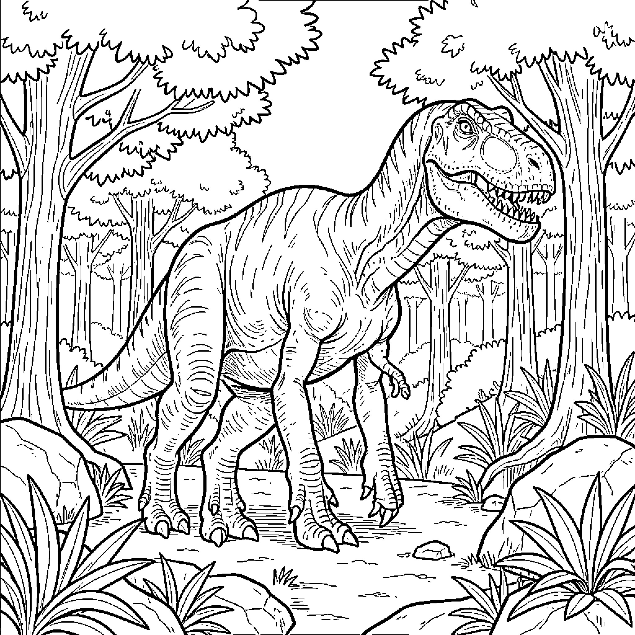 Dinosaur walking through a dense tropical jungle Coloring Page (free black-and-white line drawing printable PDF for all, from beginners to advanced learners, including children, teens, adults, and seniors)