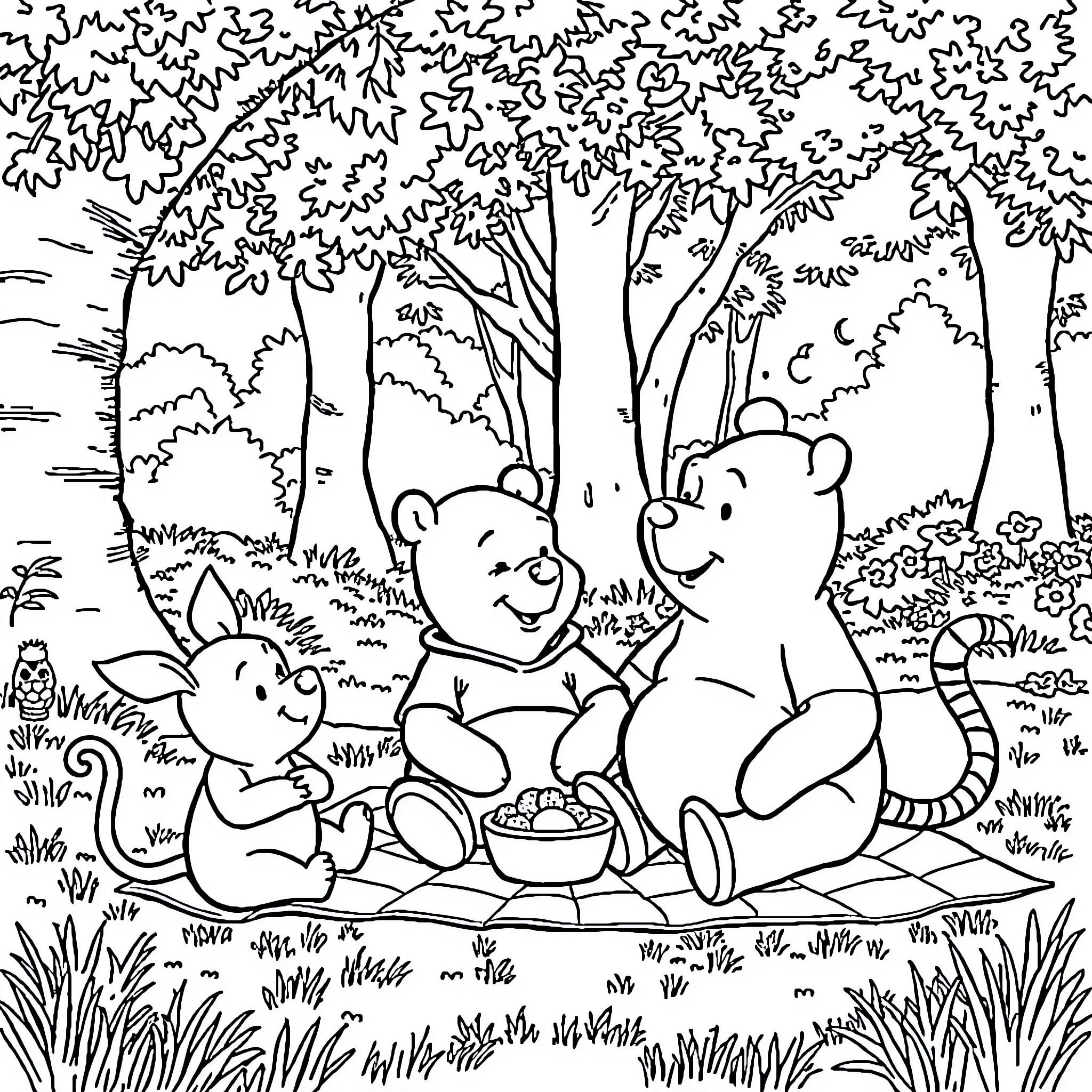 Winnie The Pooh and Friends Enjoying a Picnic in the Forest Coloring Page (free black-and-white line drawing printable PDF for all, from beginners to advanced learners, including children, teens, adults, and seniors)
