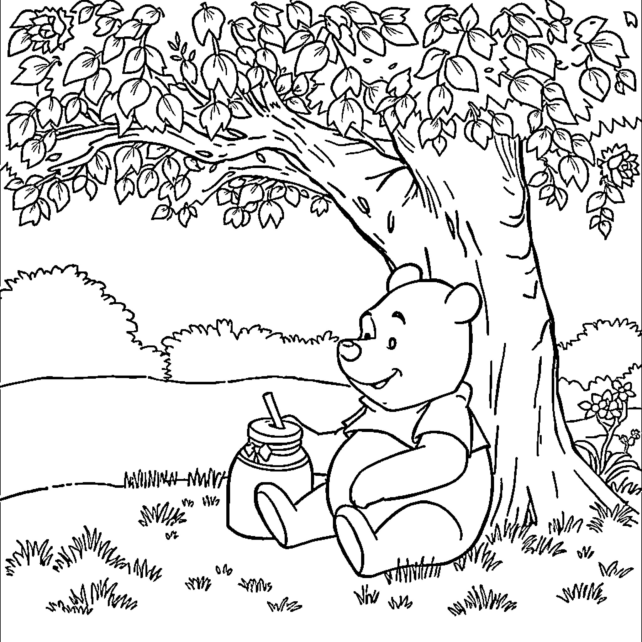 Winnie The Pooh enjoying a honey-filled picnic in the forest Coloring Page (free black-and-white line drawing printable PDF for all, from beginners to advanced learners, including children, teens, adults, and seniors)