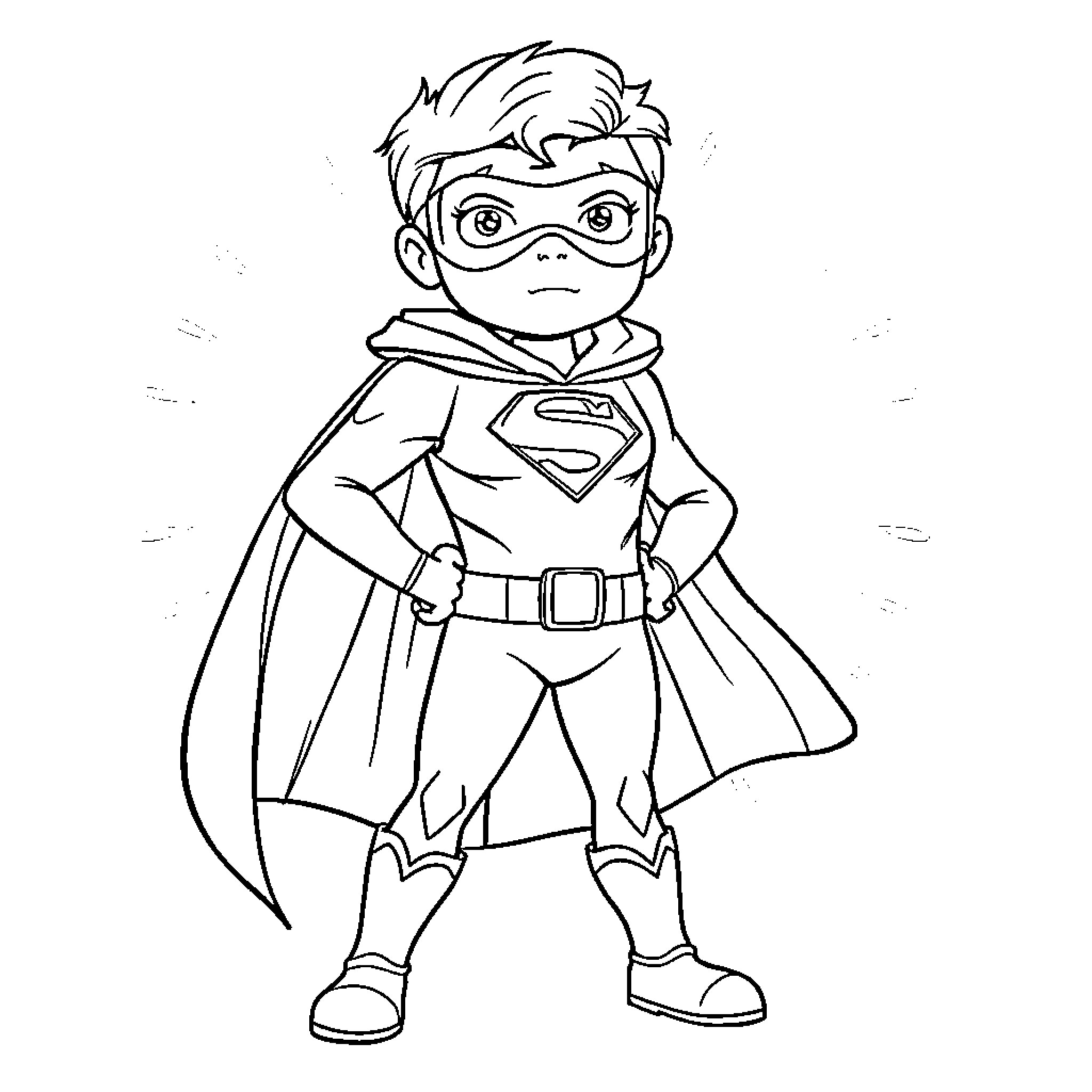 Superhero Boy in Costume and Cape Coloring Page (free black-and-white line drawing printable PDF for all, from beginners to advanced learners, including children, teens, adults, and seniors)