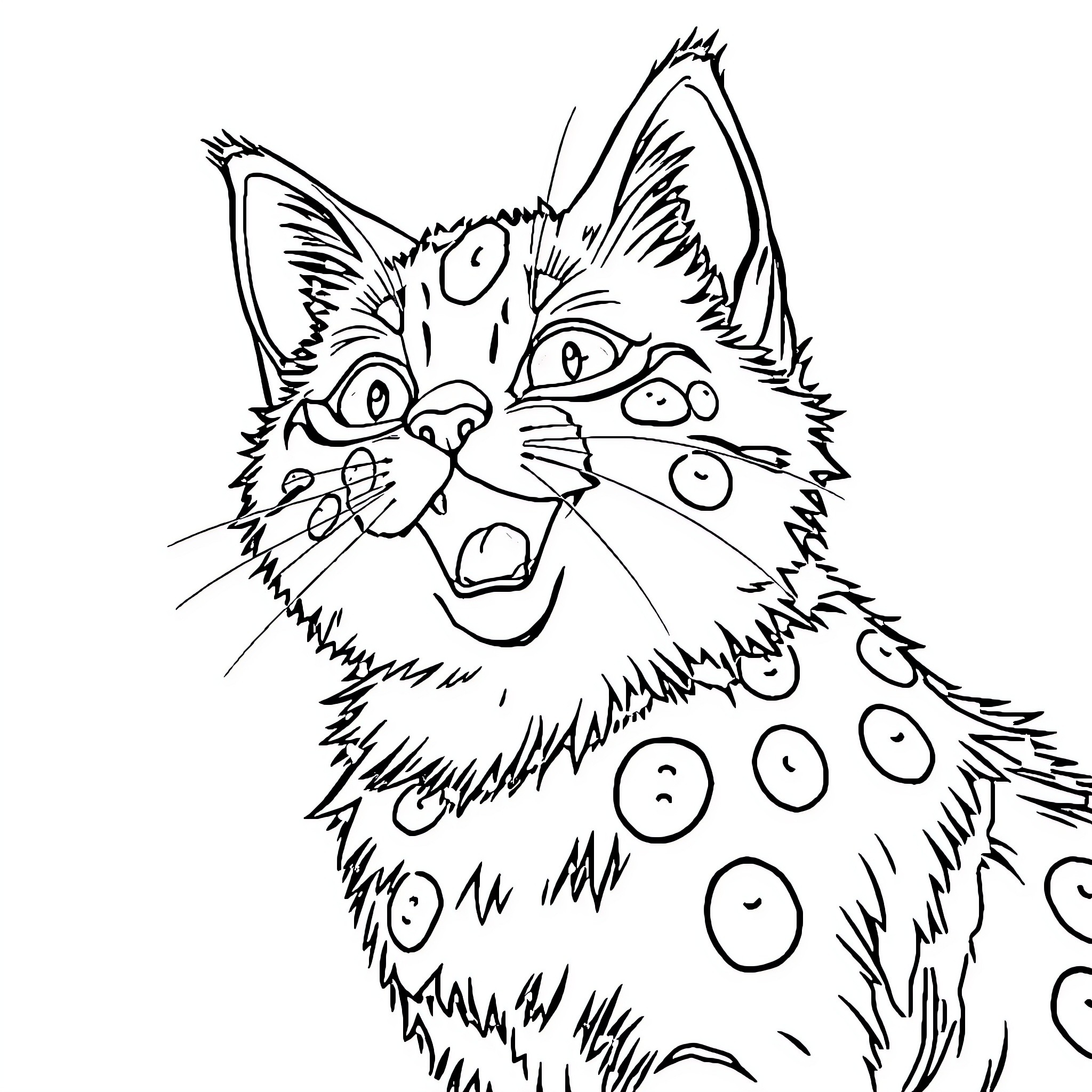 Pizza Cat Enjoying Playful Spots Coloring Page (free black-and-white line drawing printable PDF for all, from beginners to advanced learners, including children, teens, adults, and seniors)