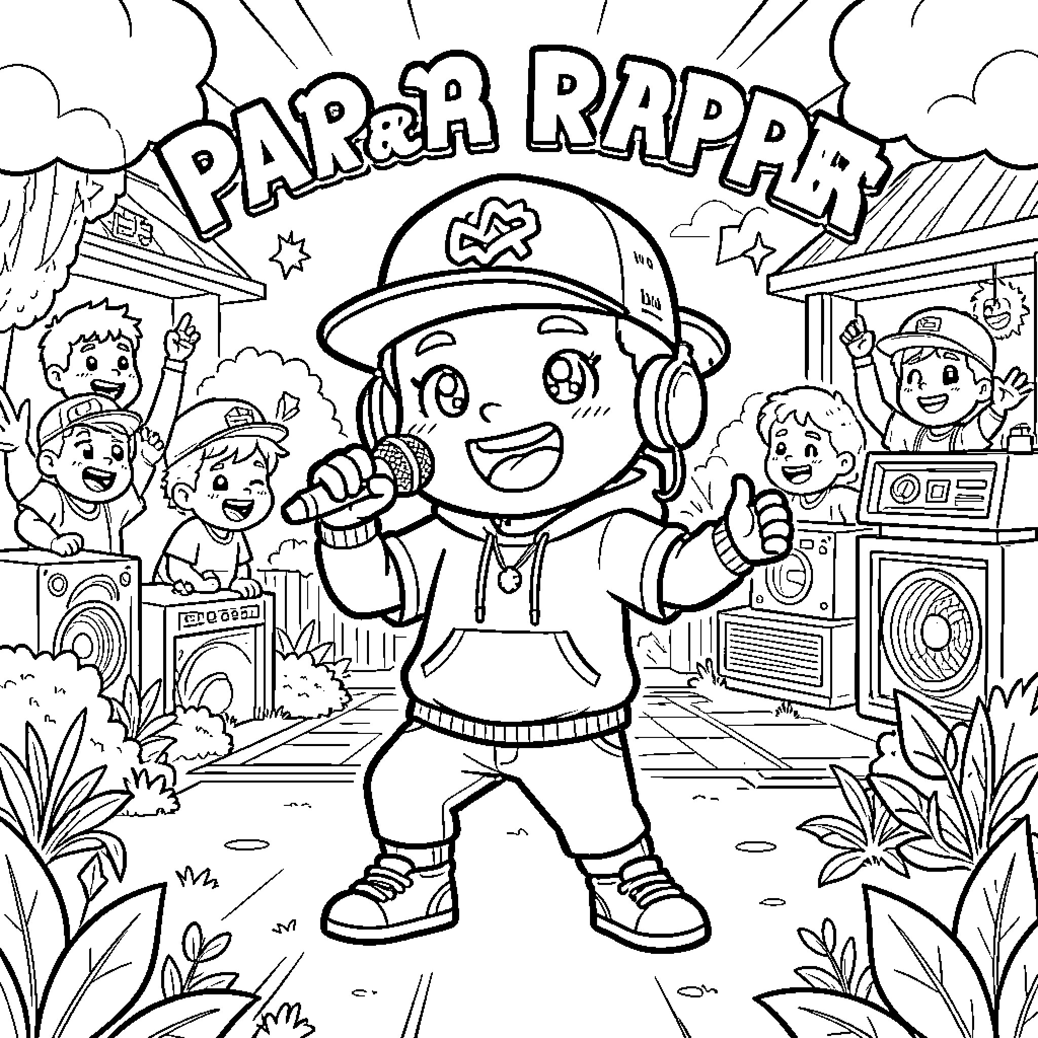 Parappa the Rapper's Musical Celebration Coloring Page (free black-and-white line drawing printable PDF for all, from beginners to advanced learners, including children, teens, adults, and seniors)