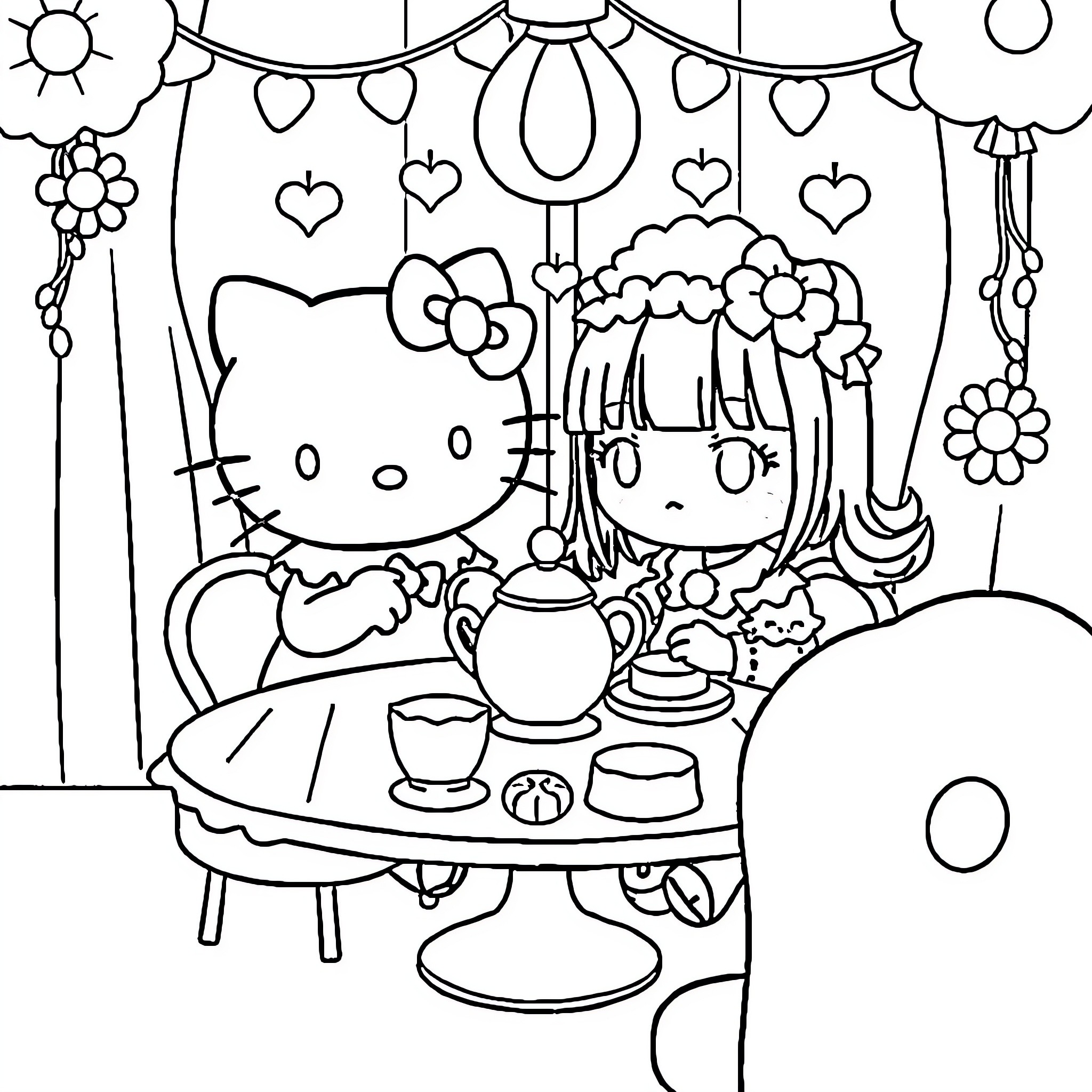 Hello Kitty Having a Tea Party with Friends Coloring Page (free black-and-white line drawing printable PDF for all, from beginners to advanced learners, including children, teens, adults, and seniors)