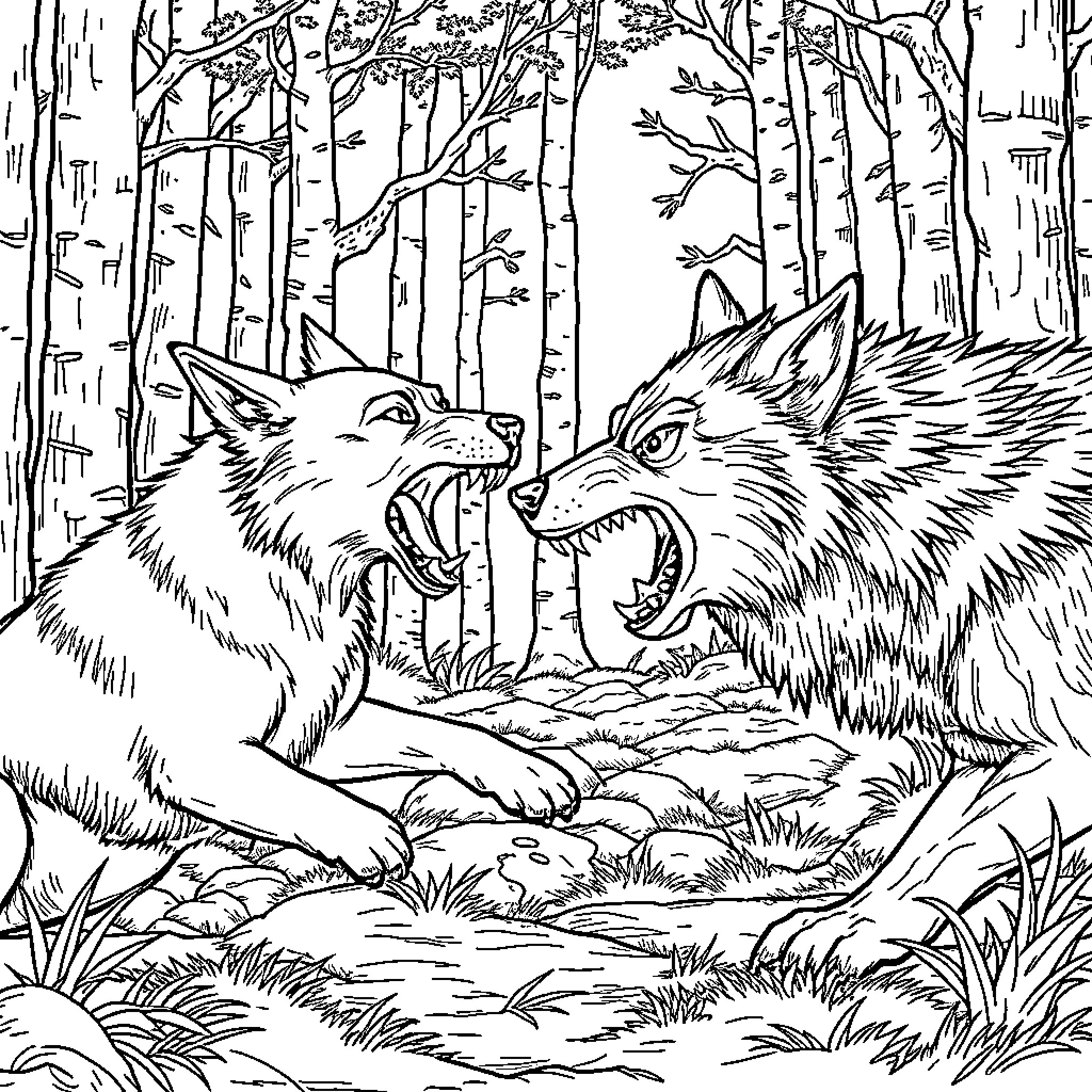 Dog Wolves Fighting in Enchanted Forest Coloring Page (free black-and-white line drawing printable PDF for all, from beginners to advanced learners, including children, teens, adults, and seniors)