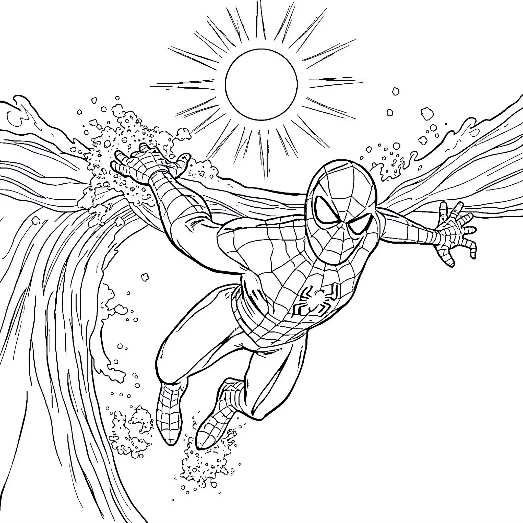 Spiderman soaring through the city with webs Coloring Page (free black-and-white line drawing printable PDF for all, from beginners to advanced learners, including children, teens, adults, and seniors)