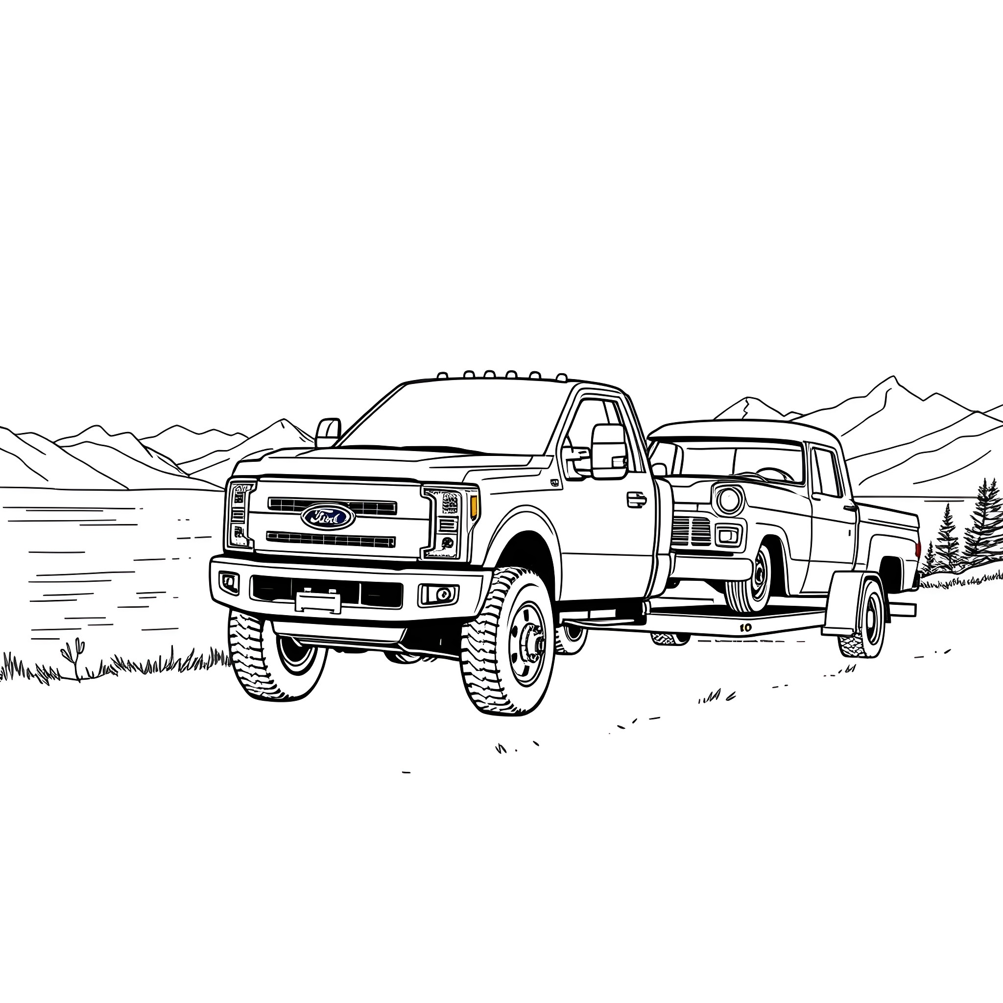 Ford Truck towing on a mountain road Coloring Page (free black-and-white line drawing printable PDF for all, from beginners to advanced learners, including children, teens, adults, and seniors)