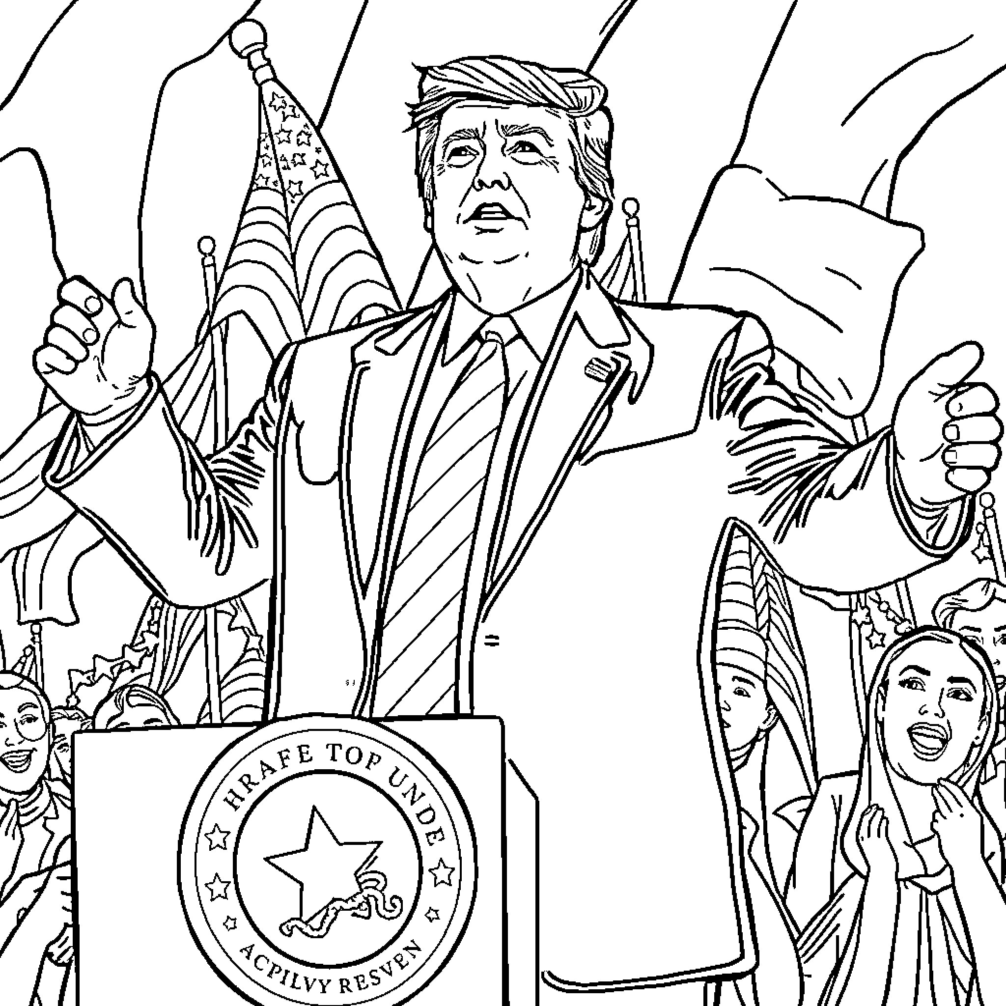 Donald Trump Triumphantly Celebrating on the Campaign Trail Coloring Page (free black-and-white line drawing printable PDF for all, from beginners to advanced learners, including children, teens, adults, and seniors)