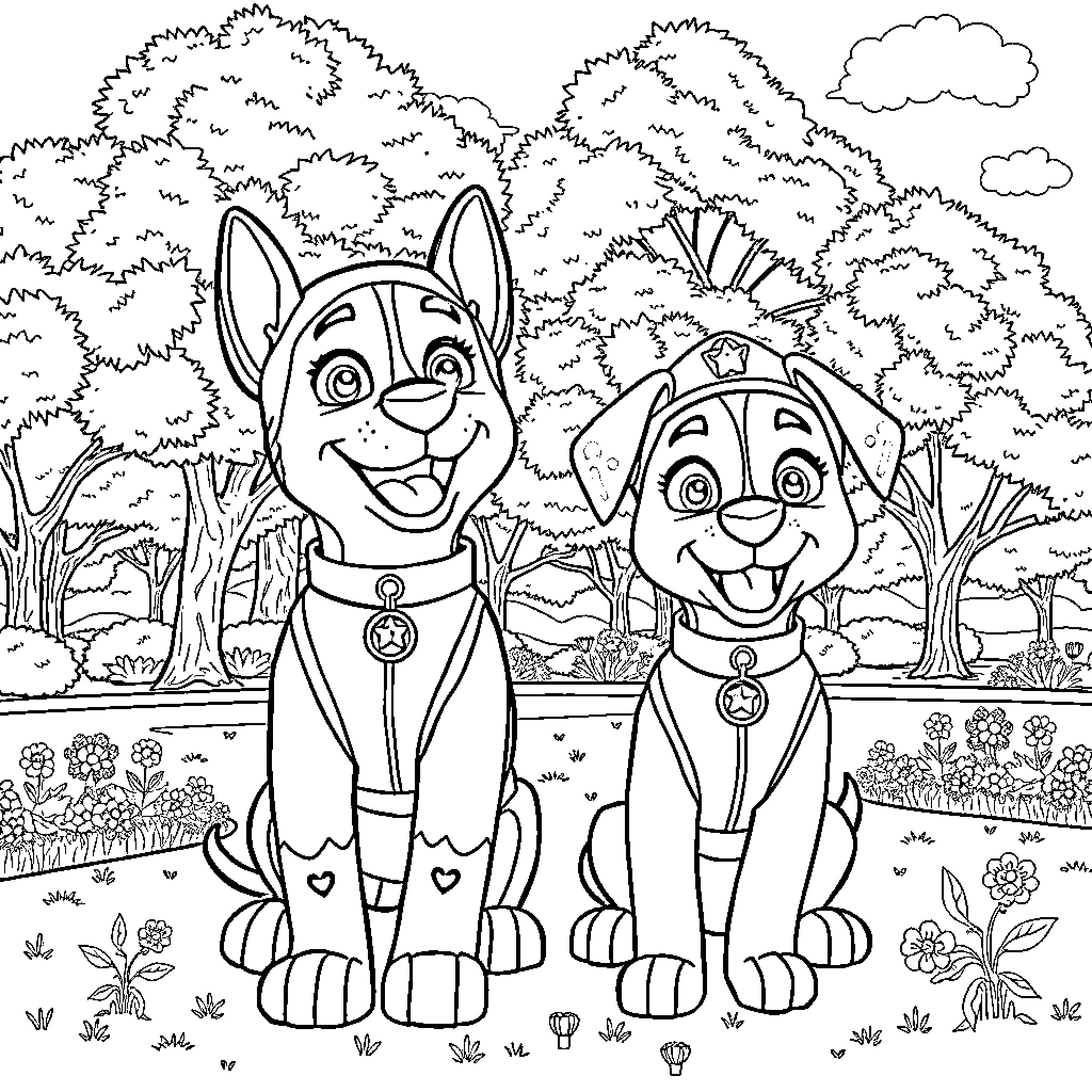 Patrulla Canina: Adorable Pups Exploring the Outdoors Coloring Page (free black-and-white line drawing printable PDF for all, from beginners to advanced learners, including children, teens, adults, and seniors)
