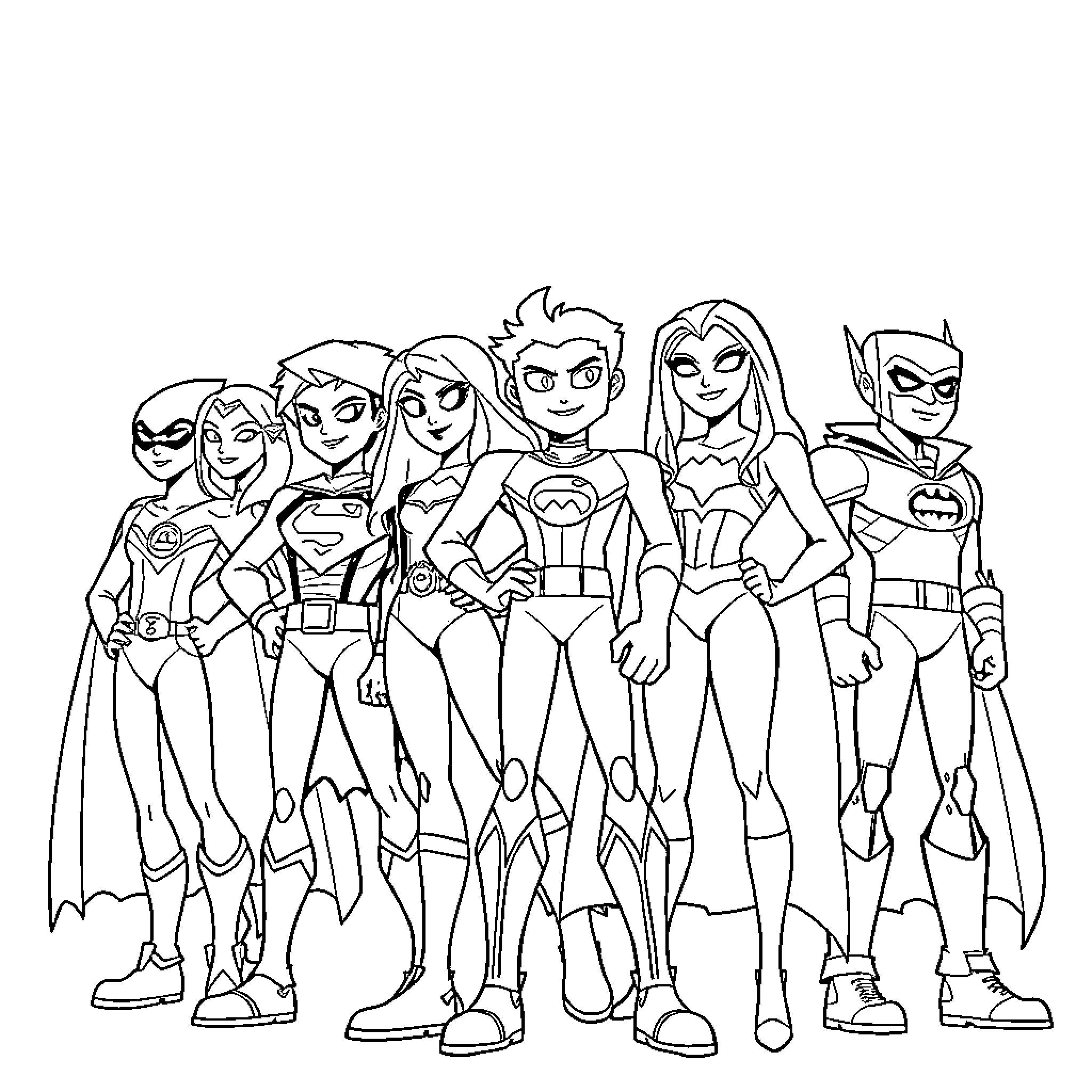Teen Titans in Action Poses and Uniforms Coloring Page (free black-and-white line drawing printable PDF for all, from beginners to advanced learners, including children, teens, adults, and seniors)