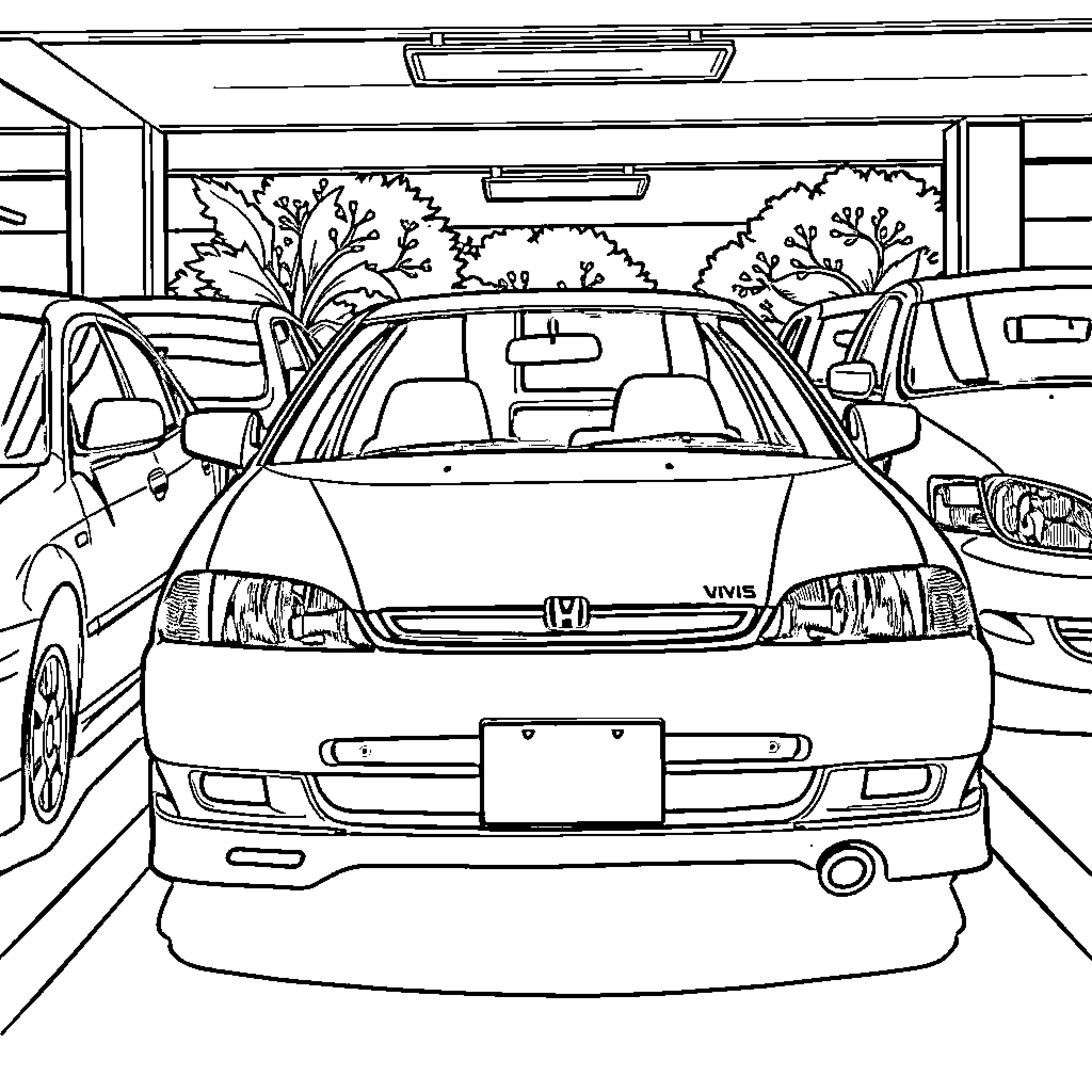 Honda Civic in a Garage Setting Coloring Page (free black-and-white line drawing printable PDF for all, from beginners to advanced learners, including children, teens, adults, and seniors)