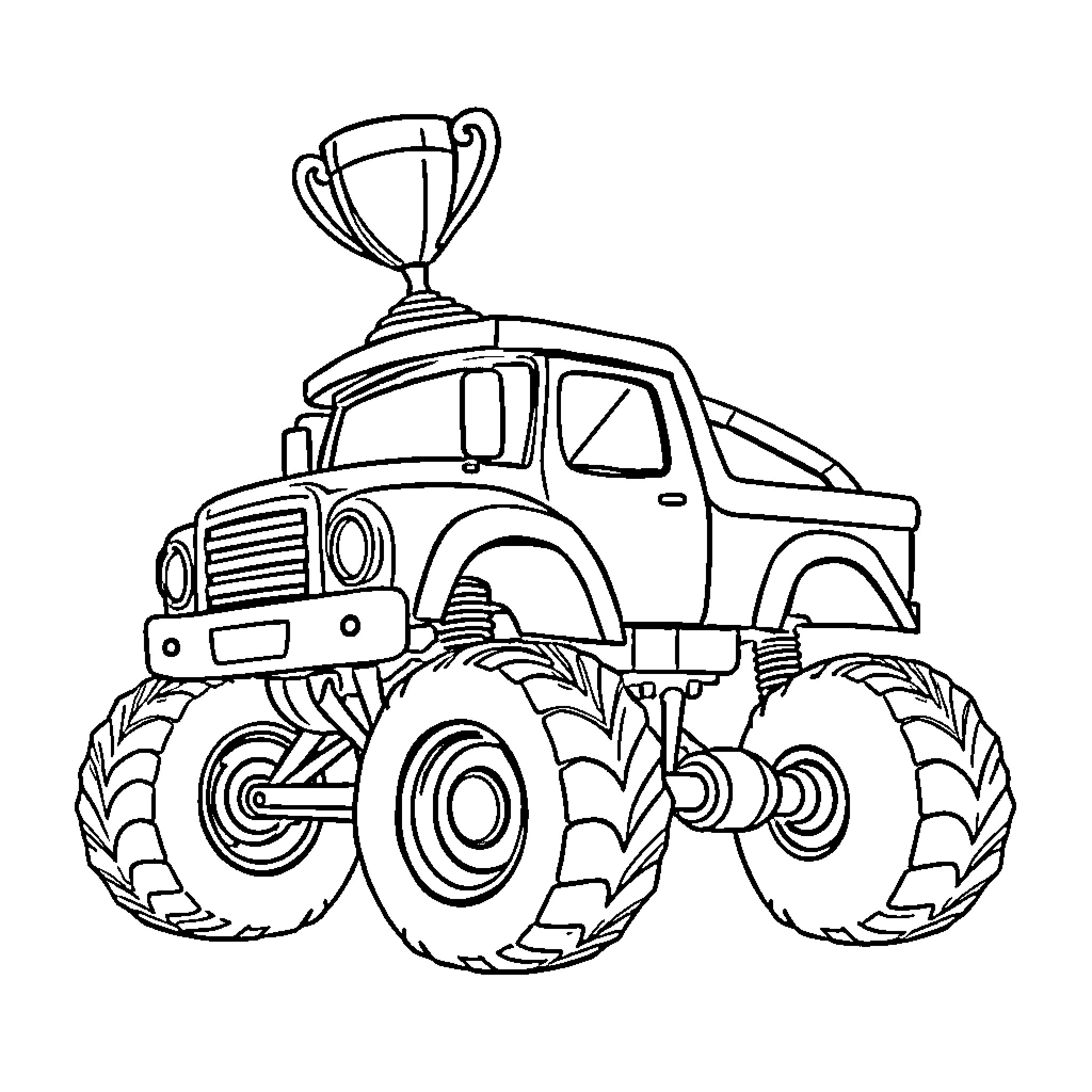 Trophy Truck Racing Over Obstacles Coloring Page (free black-and-white line drawing printable PDF for all, from beginners to advanced learners, including children, teens, adults, and seniors)