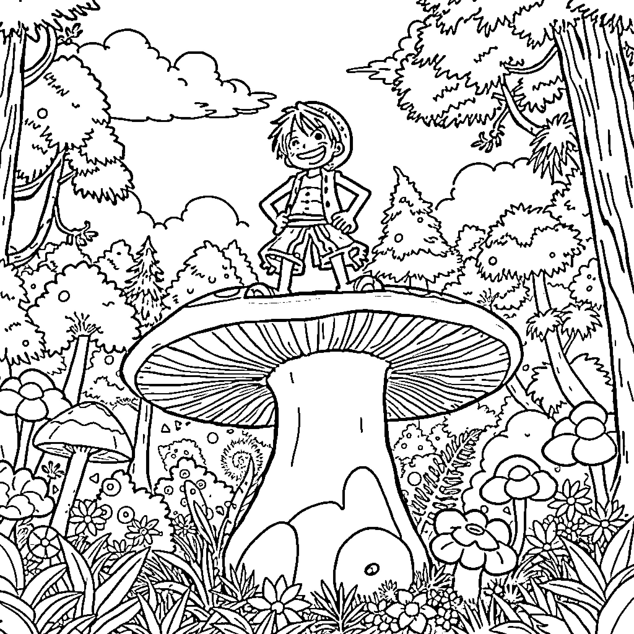 Luffy exploring the whimsical forest landscape Coloring Page (free black-and-white line drawing printable PDF for all, from beginners to advanced learners, including children, teens, adults, and seniors)