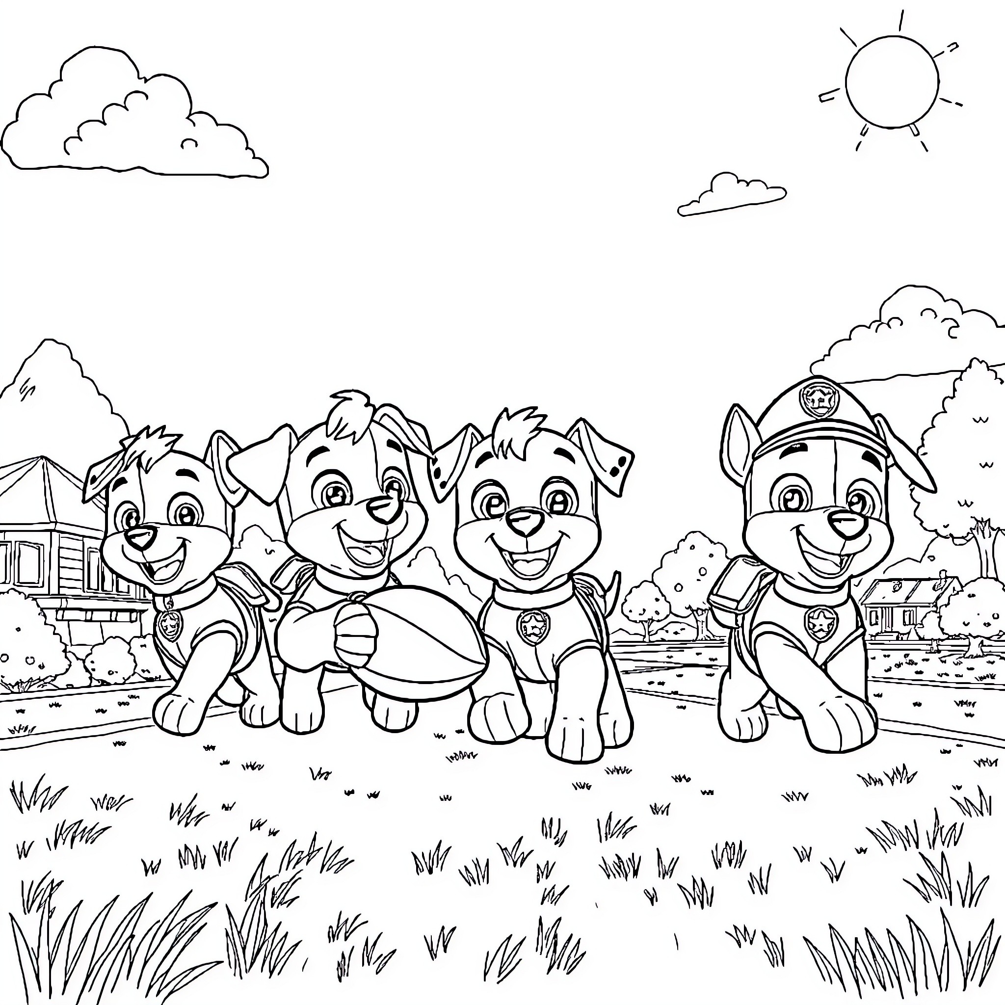 Paw Patrol pups on an outdoor adventure Coloring Page (free black-and-white line drawing printable PDF for all, from beginners to advanced learners, including children, teens, adults, and seniors)