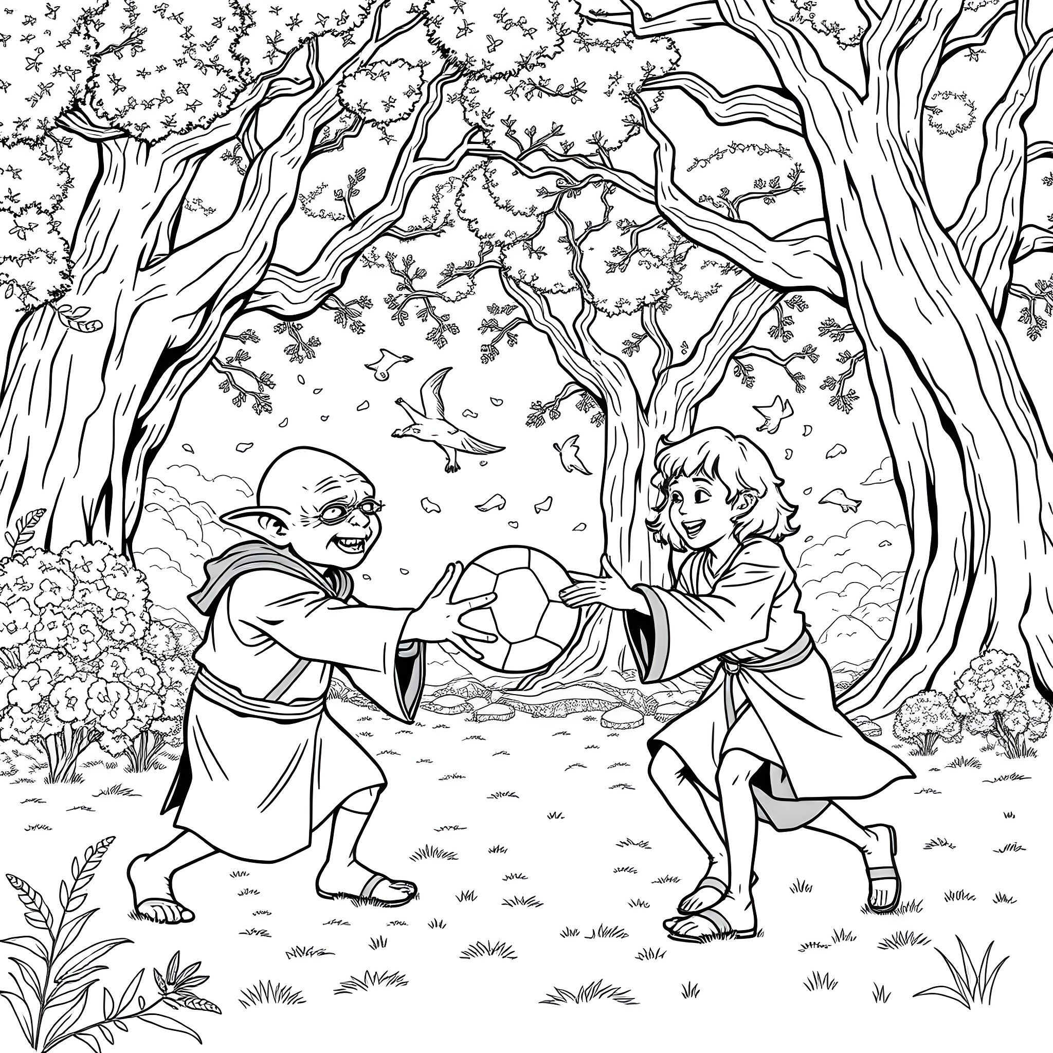 Gollum and Frodo playing soccer in the forest Coloring Page (free black-and-white line drawing printable PDF for all, from beginners to advanced learners, including children, teens, adults, and seniors)